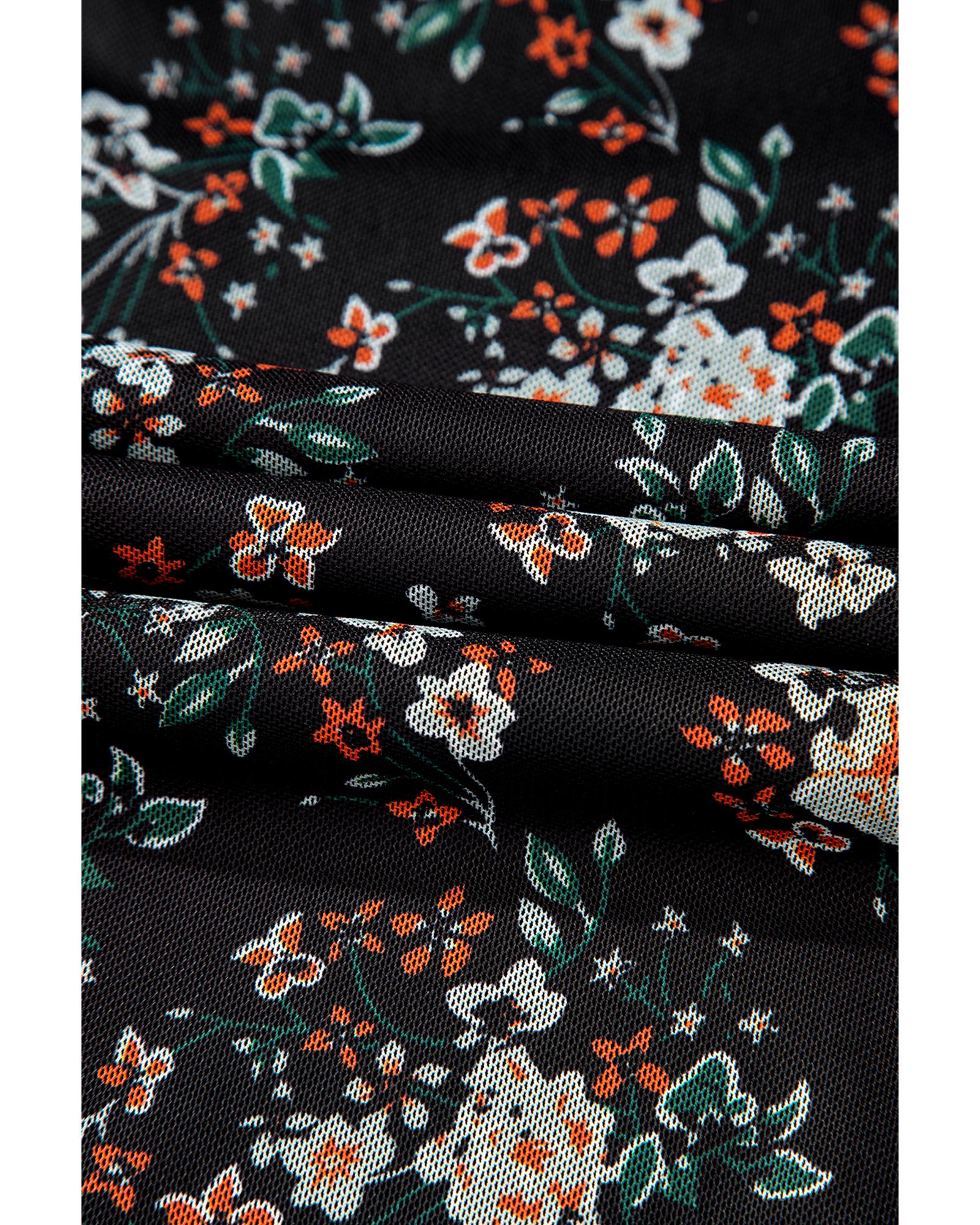 Black Floral Print U Neck Short Puff Sleeve Bodysuit - XL 7