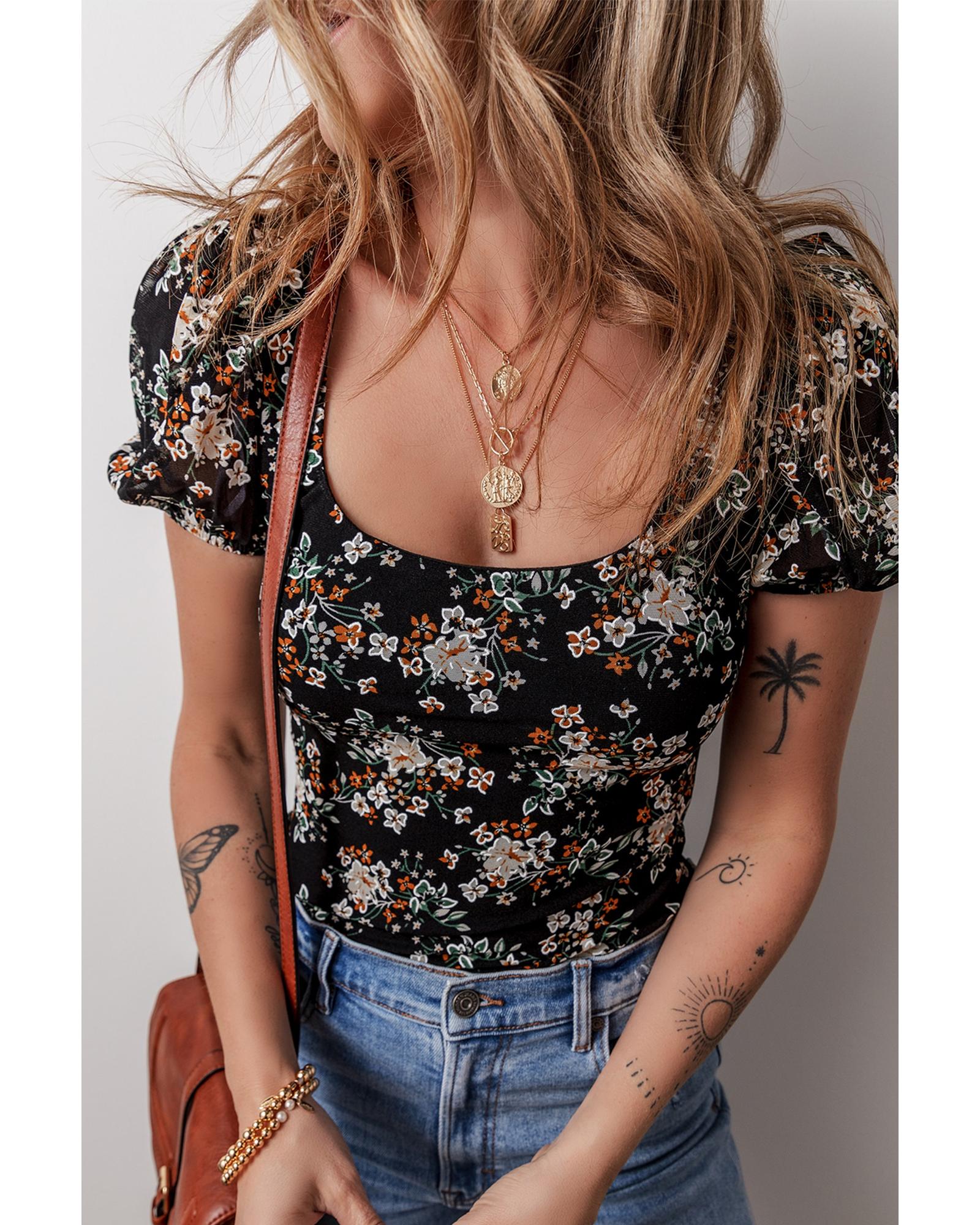 Black Floral Print U Neck Short Puff Sleeve Bodysuit - XL 8