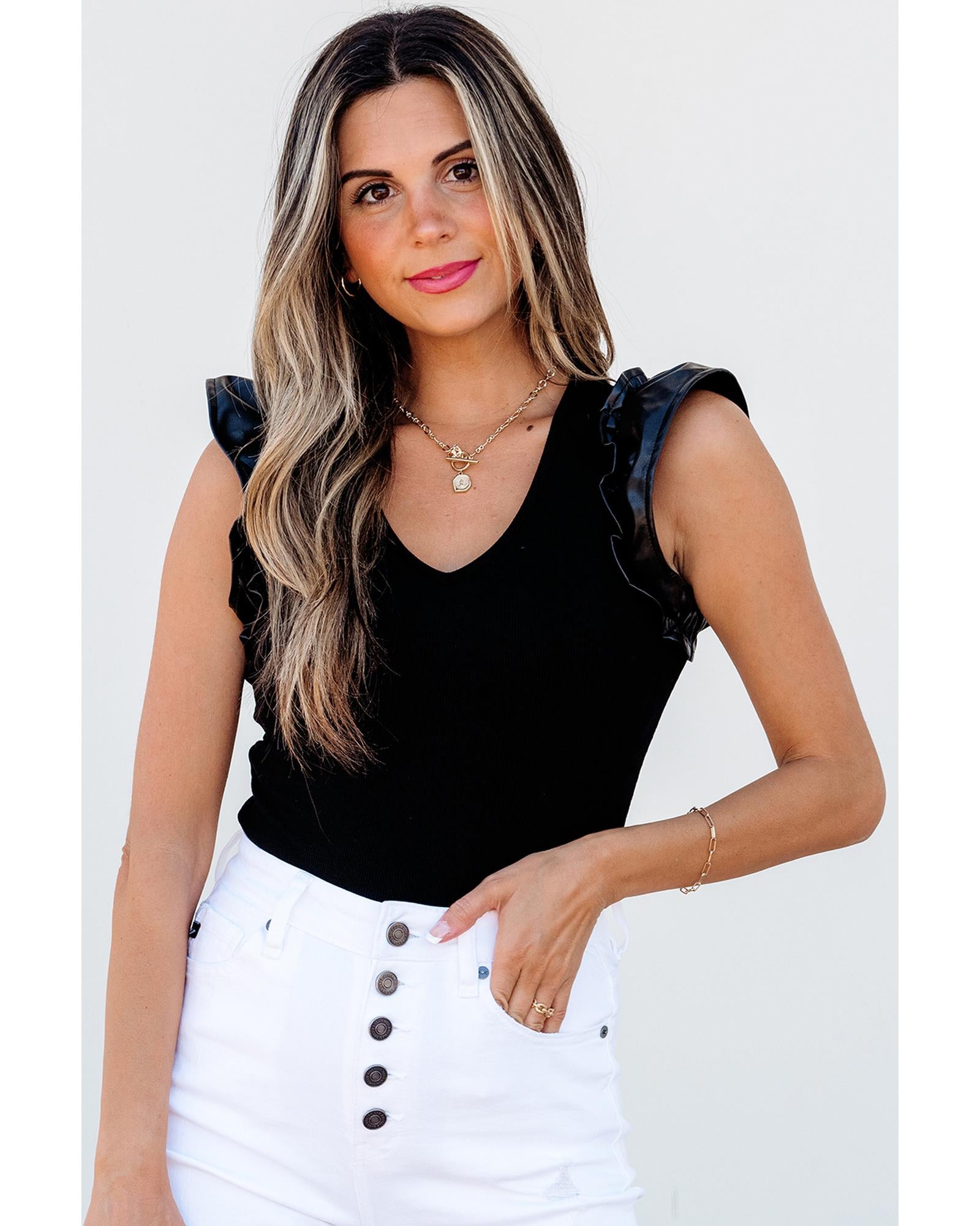 Black Leatherette Ruffle Patchwork Ribbed V Neck Bodysuit - M 3