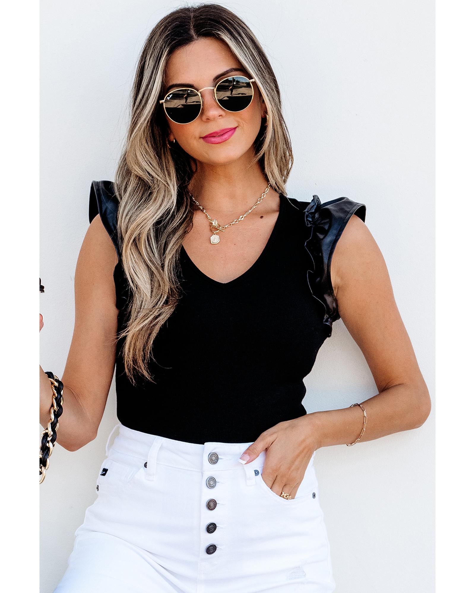 Black Leatherette Ruffle Patchwork Ribbed V Neck Bodysuit - M 4