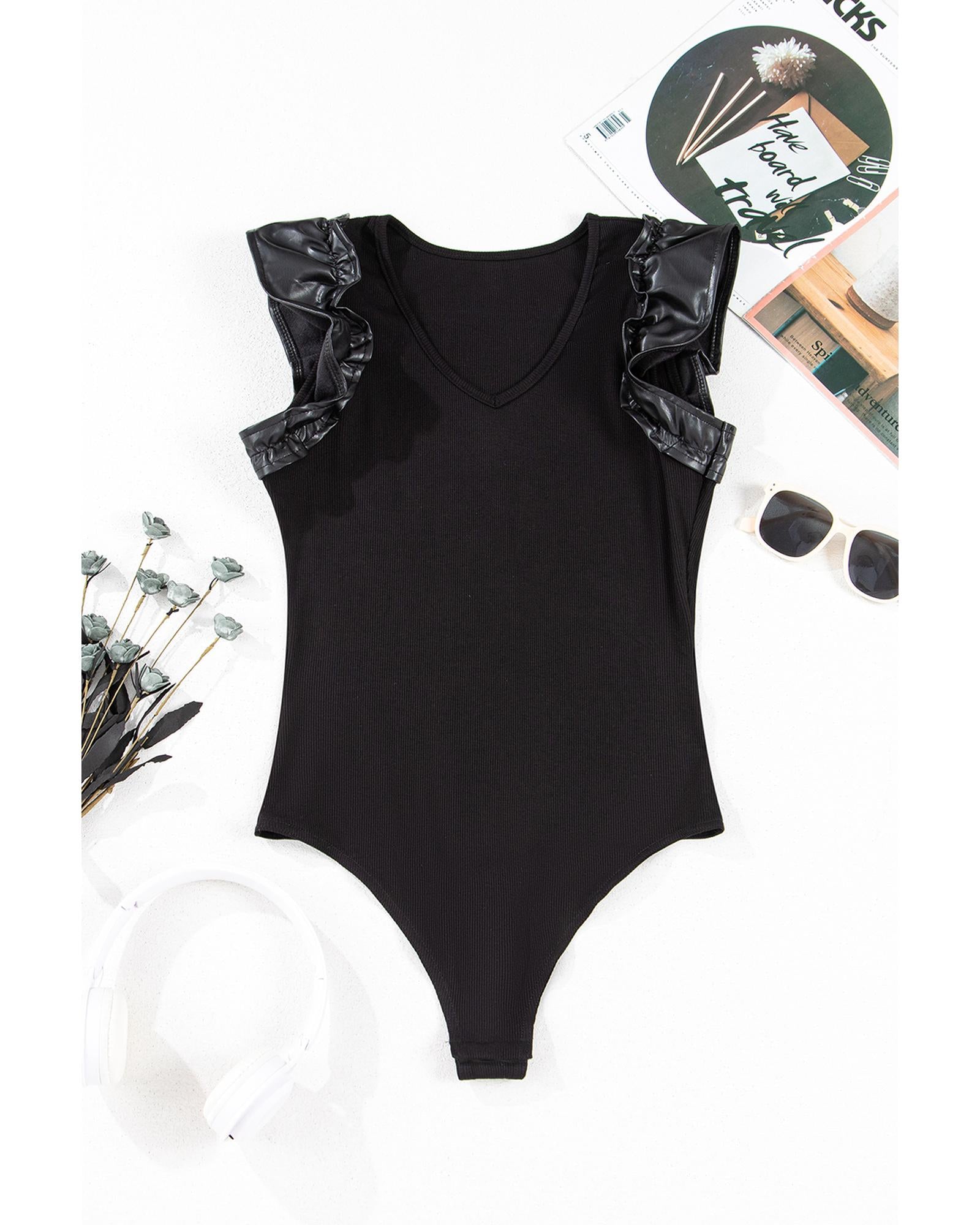 Black Leatherette Ruffle Patchwork Ribbed V Neck Bodysuit - M 5