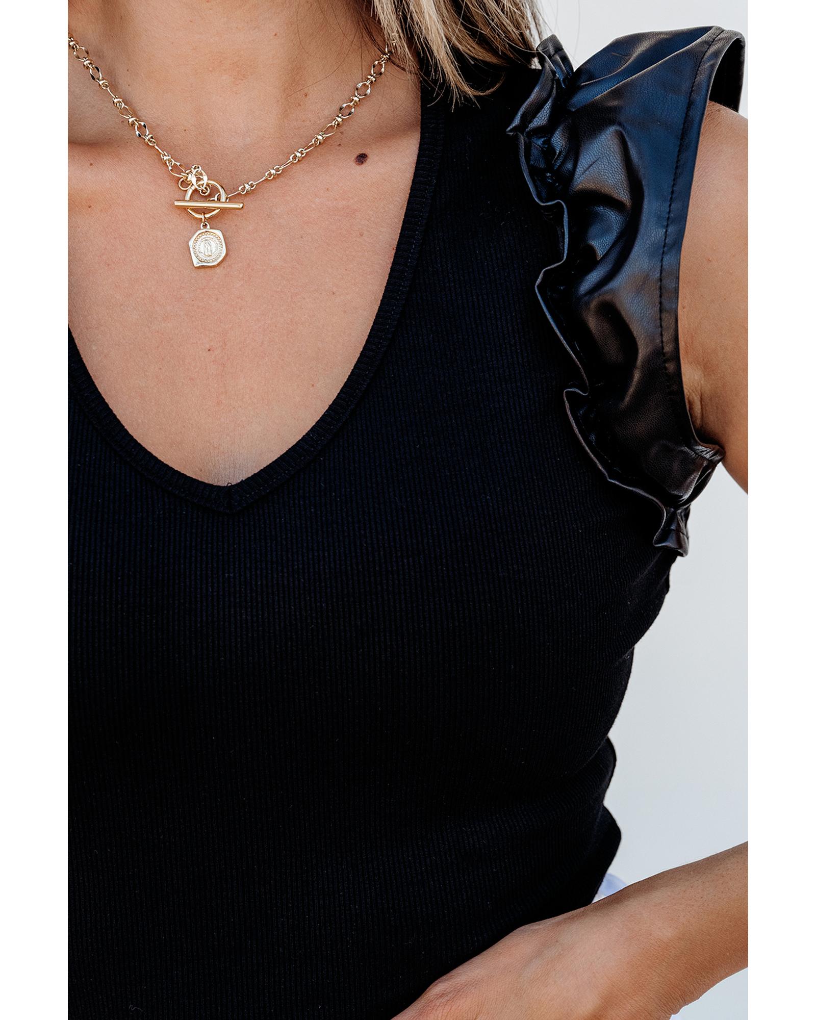 Black Leatherette Ruffle Patchwork Ribbed V Neck Bodysuit - M 6