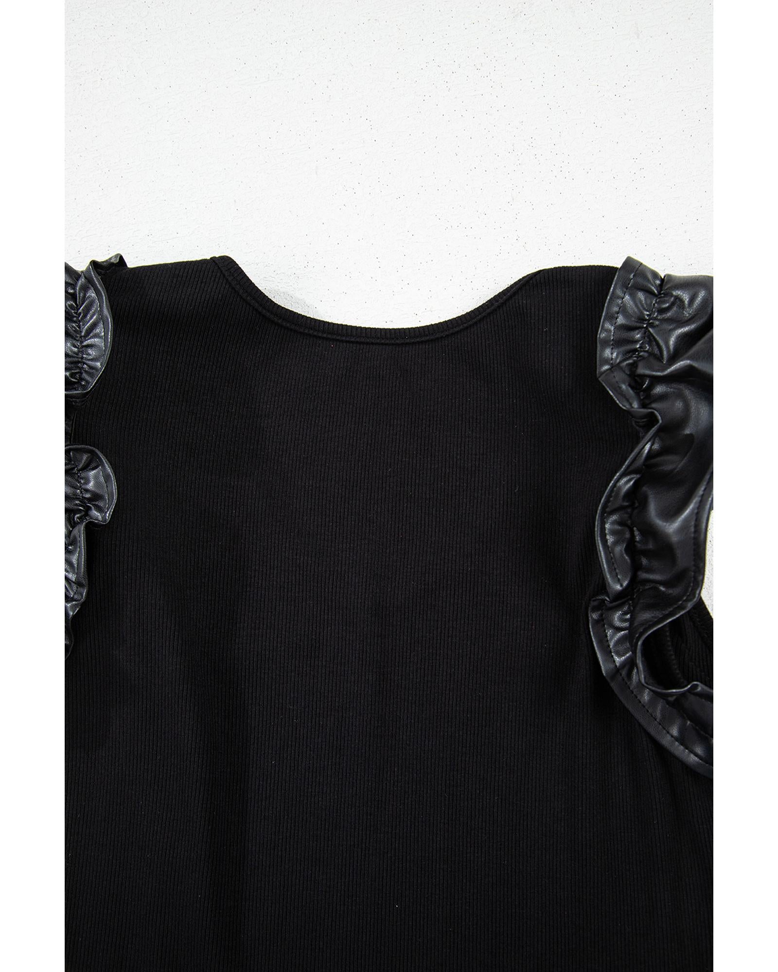 Black Leatherette Ruffle Patchwork Ribbed V Neck Bodysuit - M 7