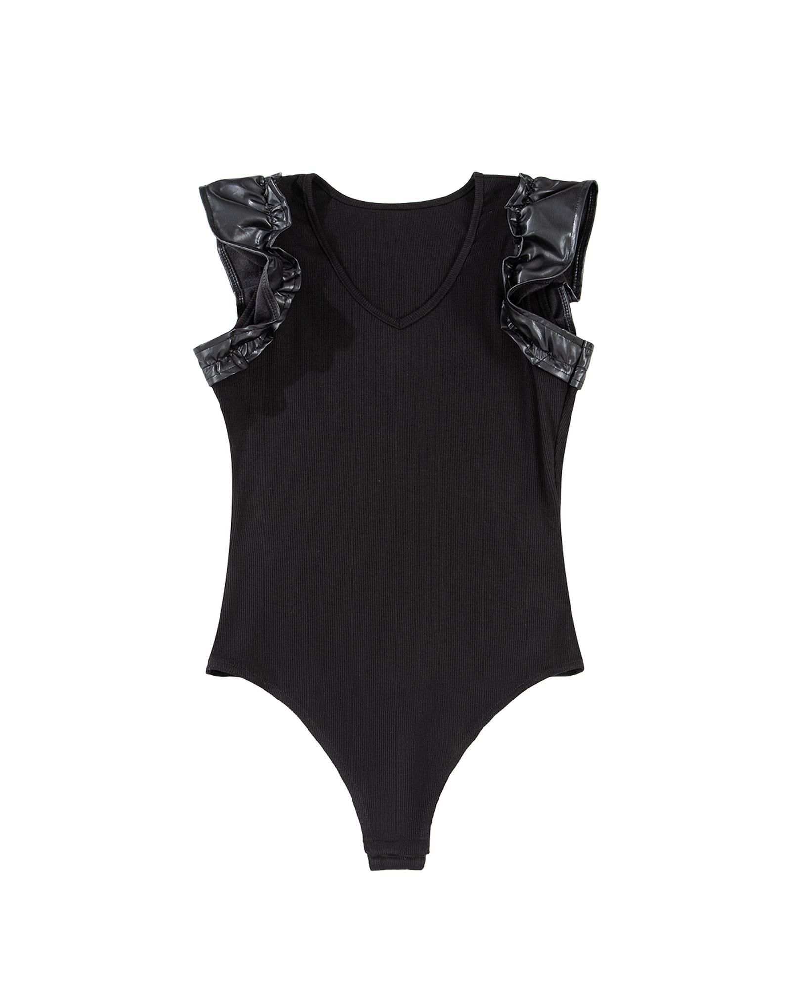 Black Leatherette Ruffle Patchwork Ribbed V Neck Bodysuit - M 8