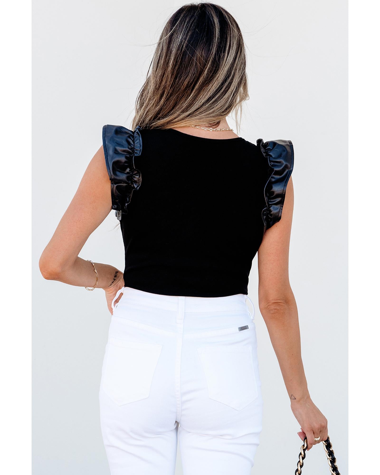 Black Leatherette Ruffle Patchwork Ribbed V Neck Bodysuit - S