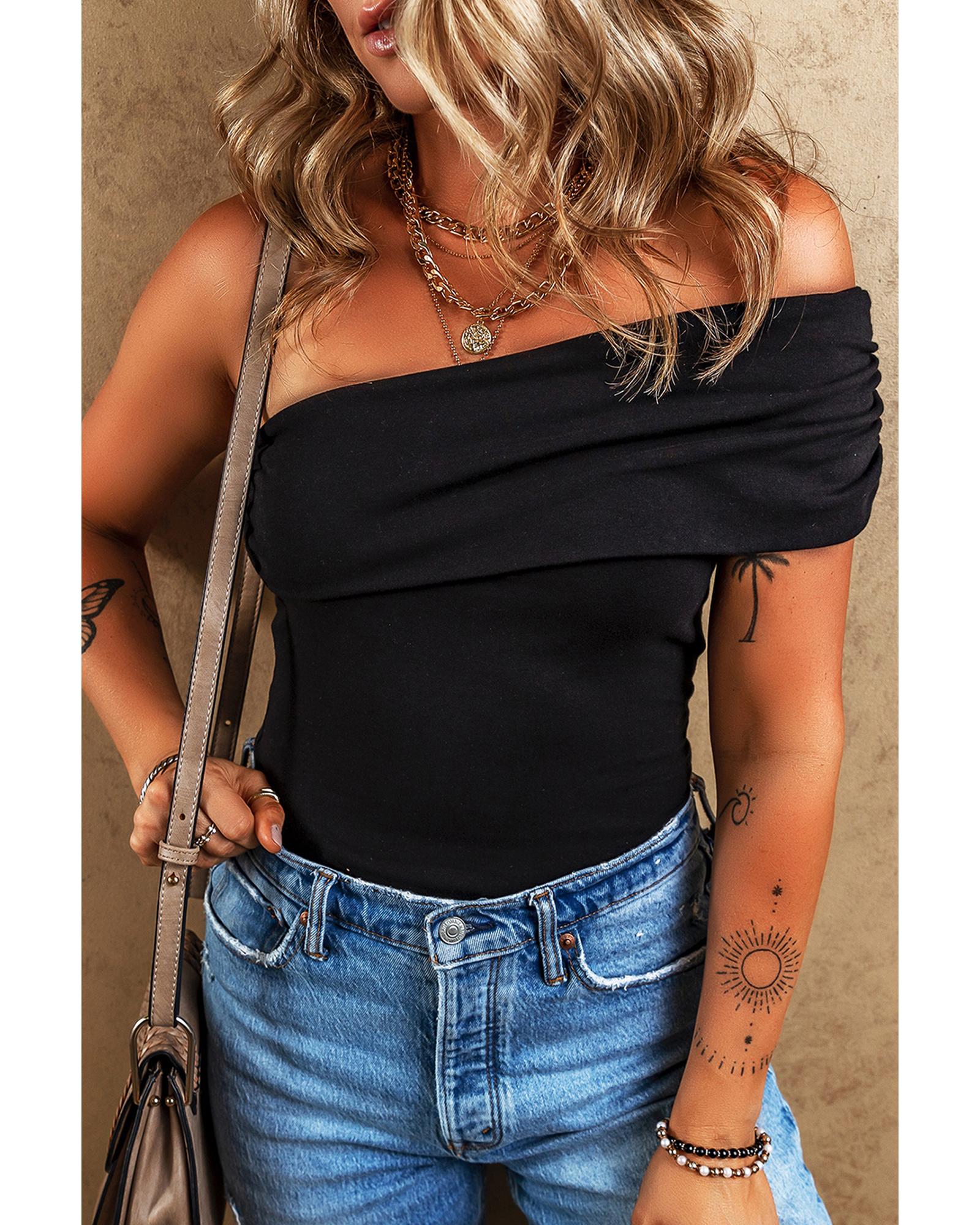 Black Solid Color Pleated One Shoulder Bodysuit - L