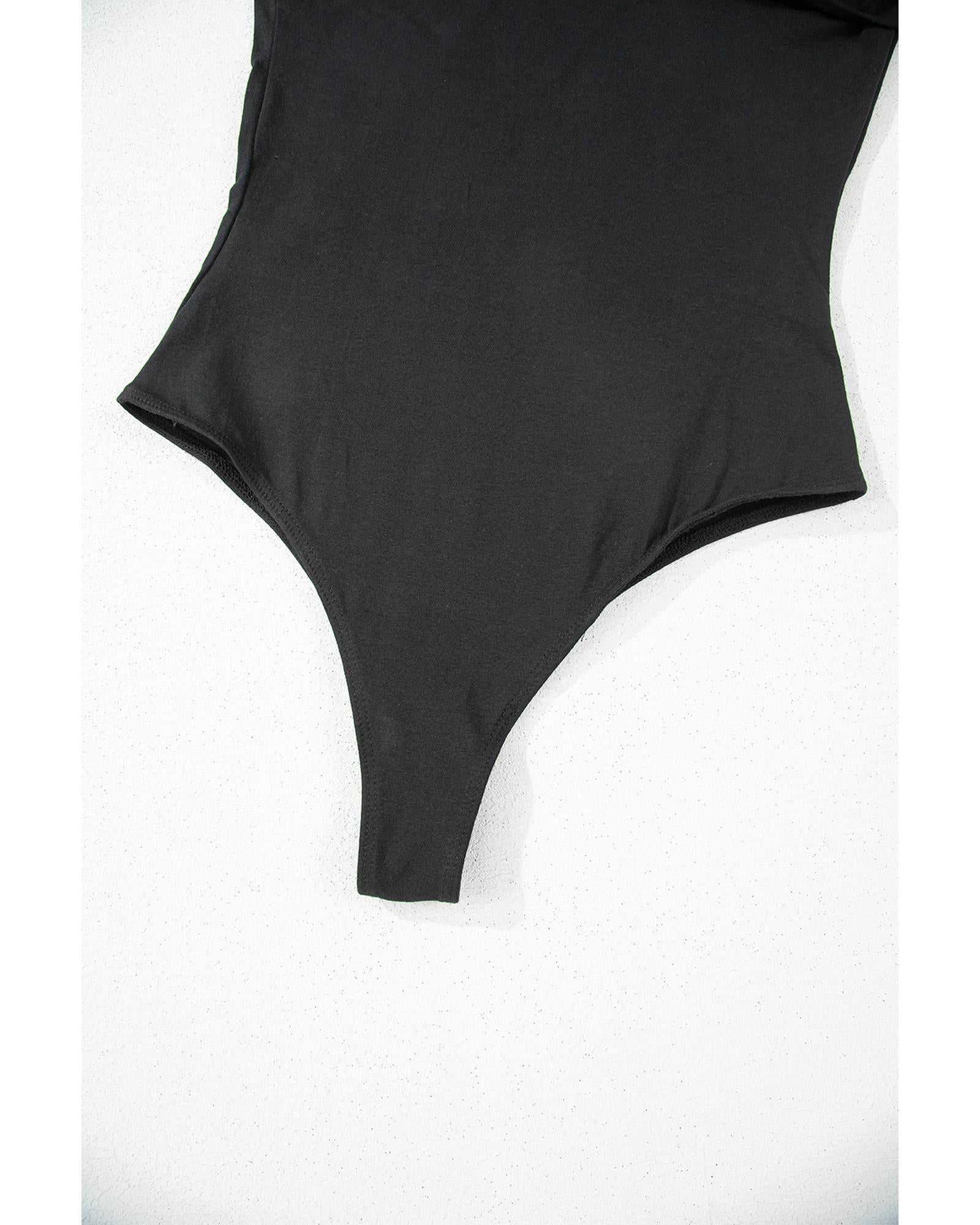 Black Solid Color Pleated One Shoulder Bodysuit - L 3