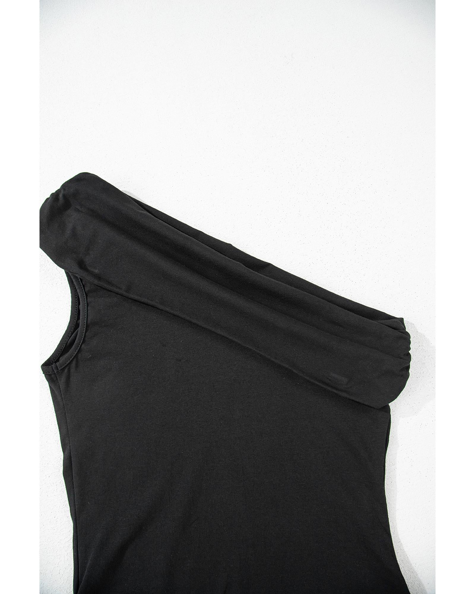 Black Solid Color Pleated One Shoulder Bodysuit - L 4