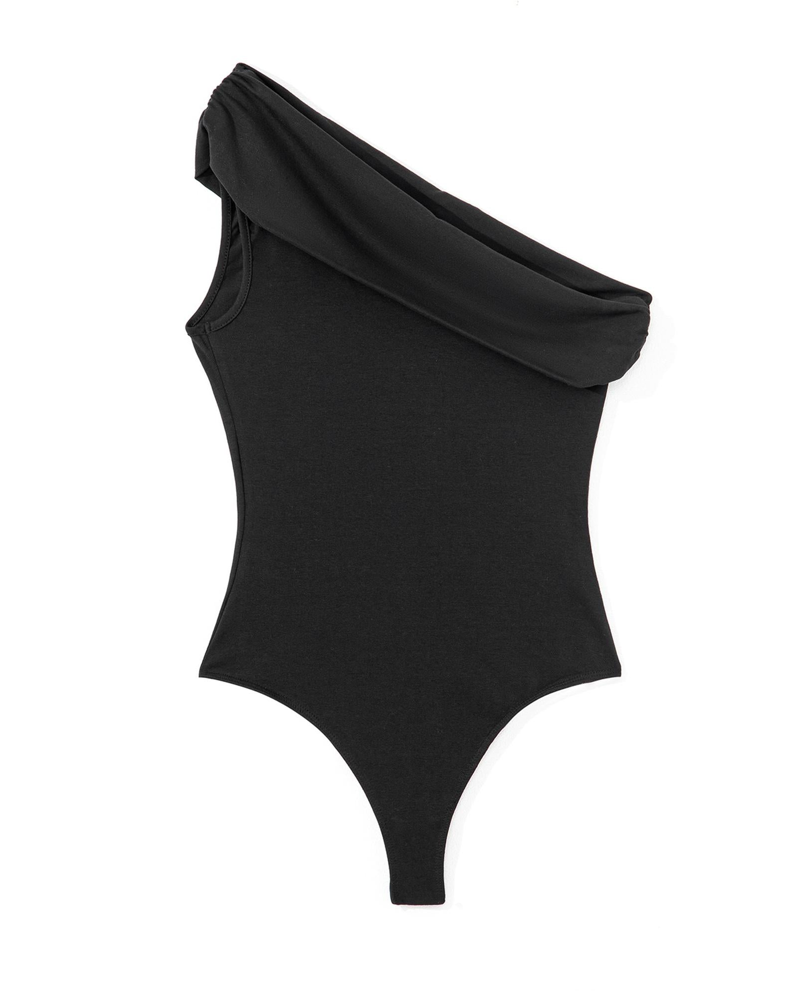 Black Solid Color Pleated One Shoulder Bodysuit - L 6