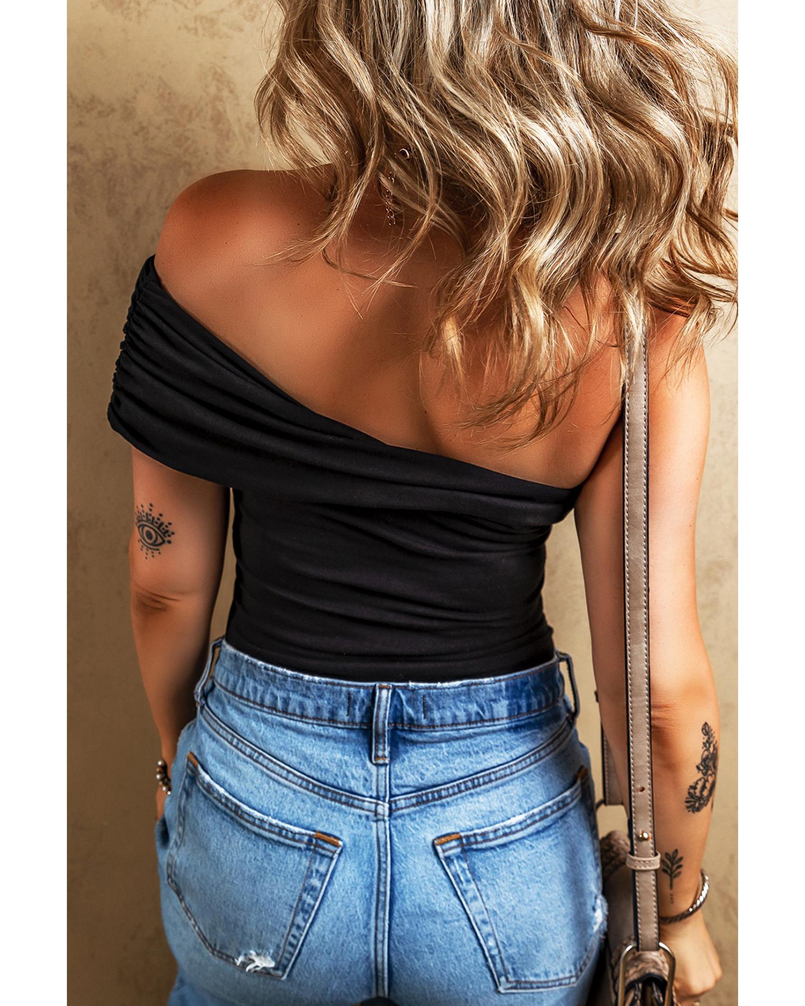 Black Solid Color Pleated One Shoulder Bodysuit - XL 6