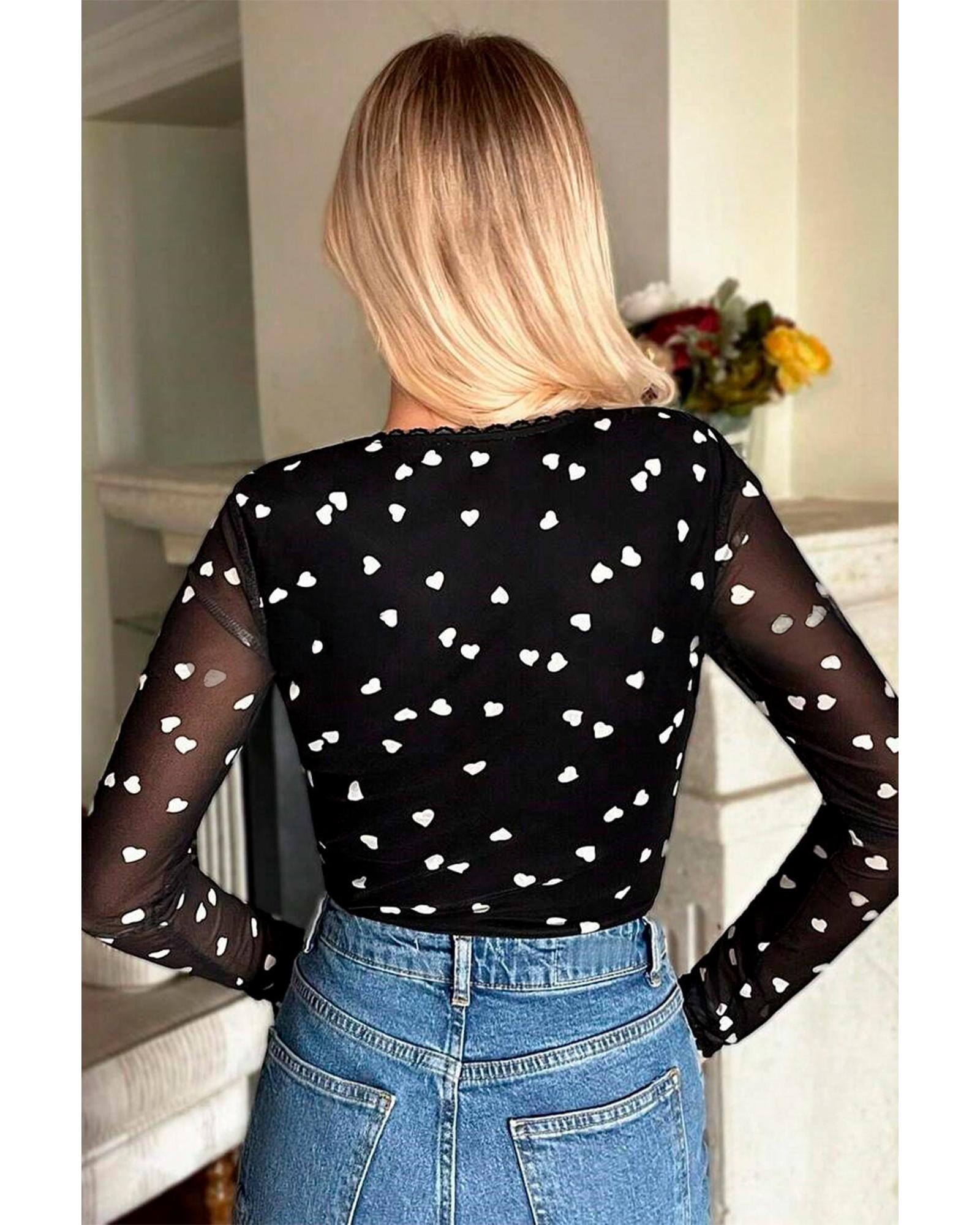 Black Heart Shape Mesh Patchwork Square Neck Bodysuit - L
