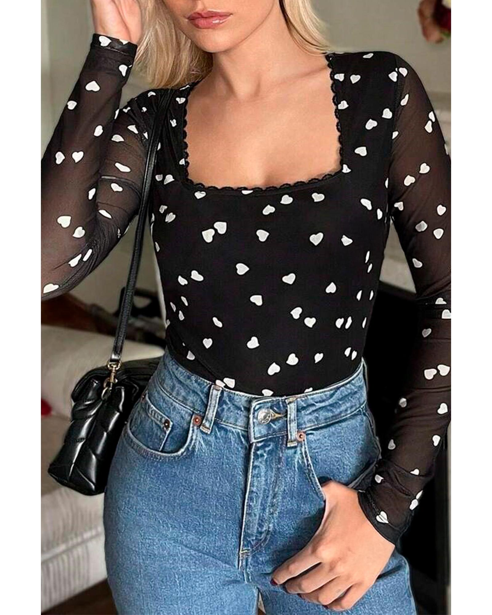 Black Heart Shape Mesh Patchwork Square Neck Bodysuit - L 7