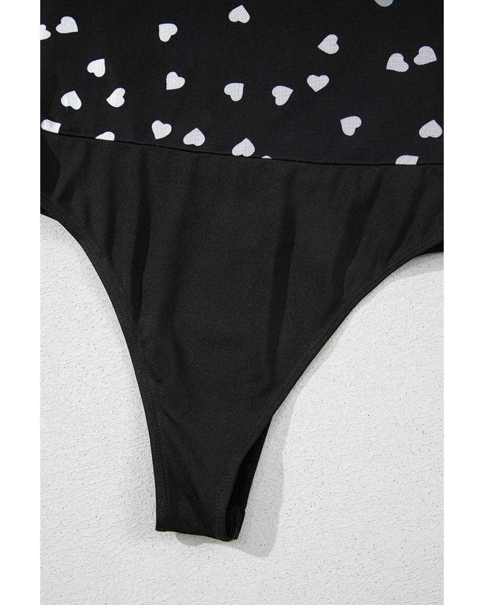 Black Heart Shape Mesh Patchwork Square Neck Bodysuit - M 3