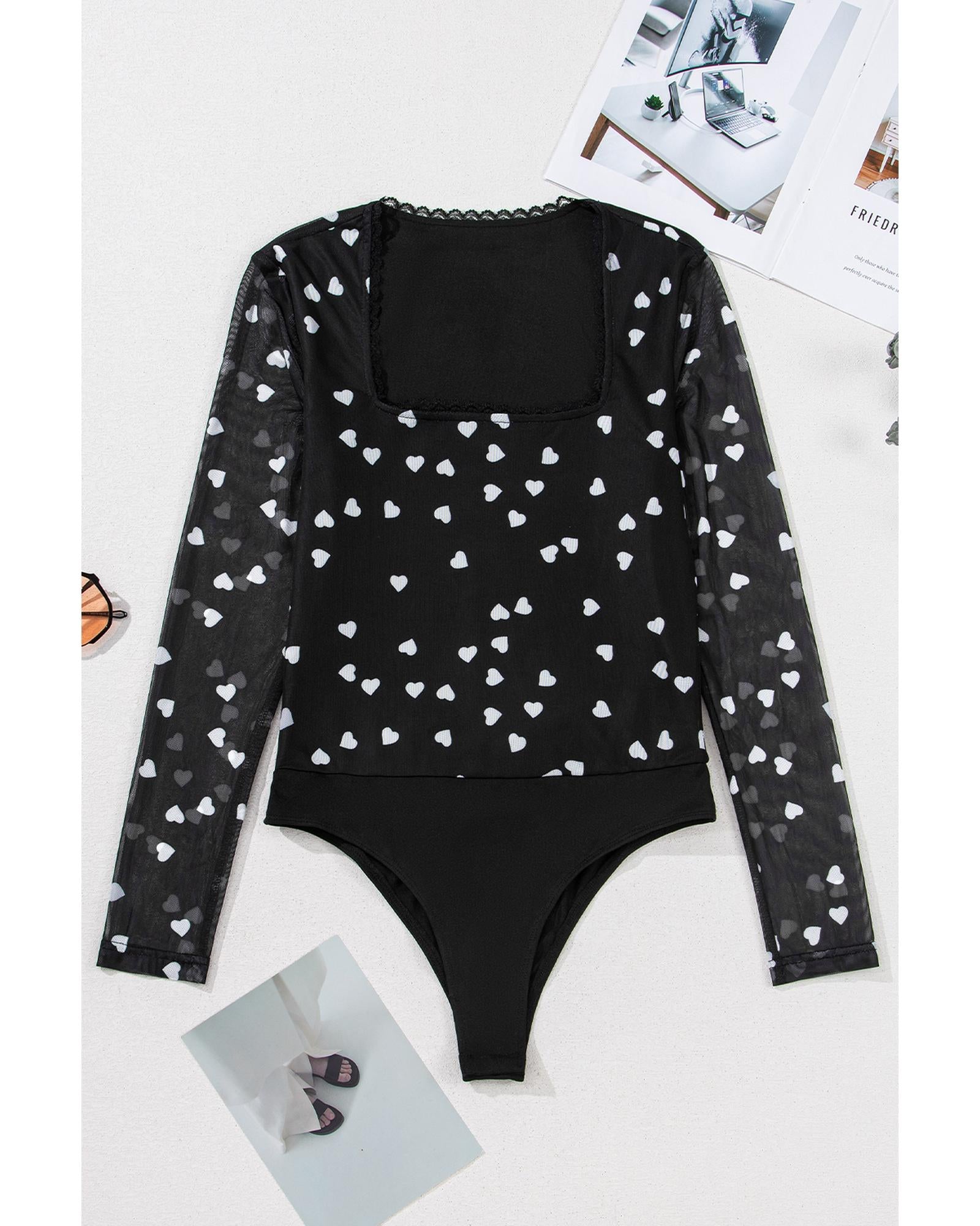 Black Heart Shape Mesh Patchwork Square Neck Bodysuit - M 6