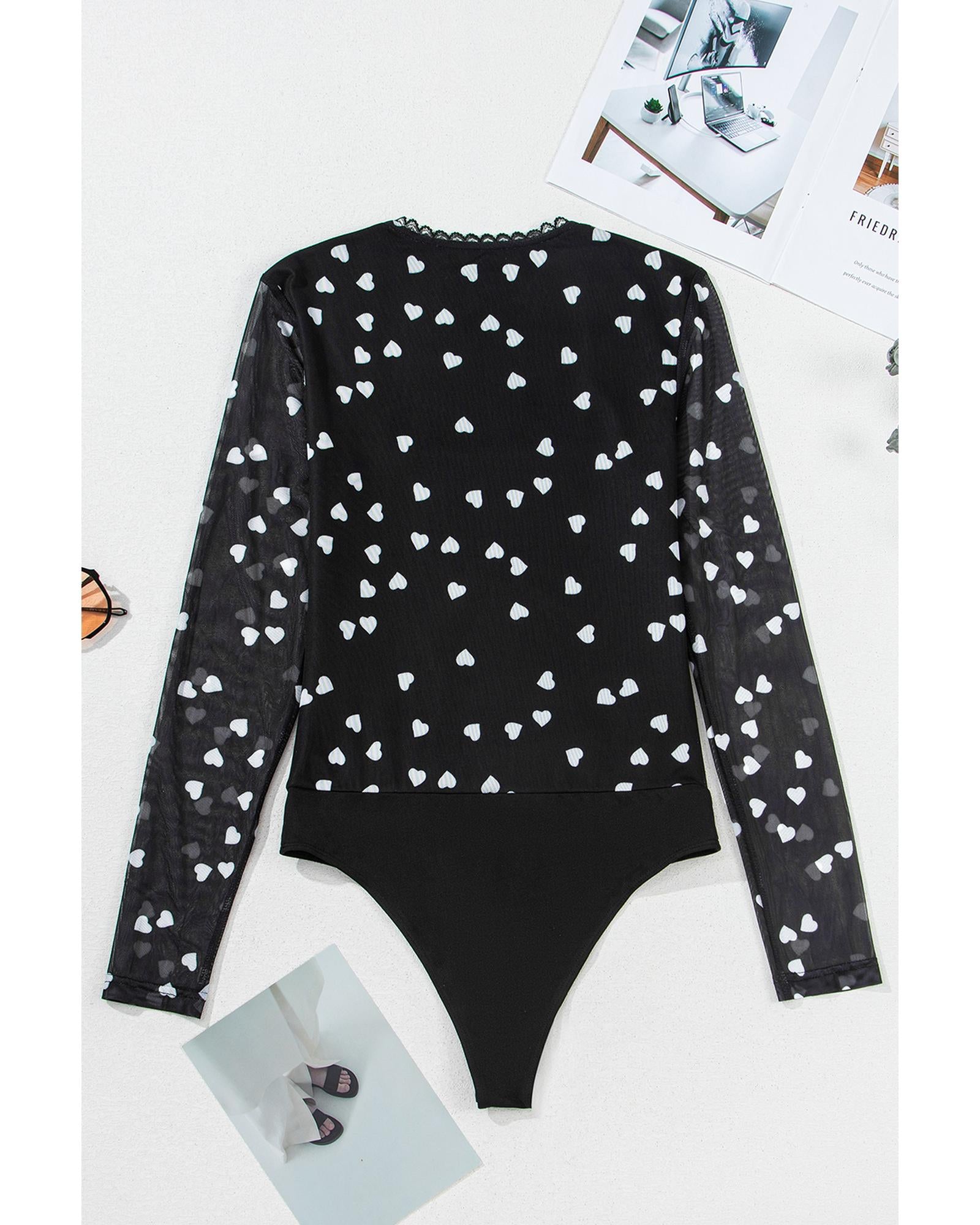 Black Heart Shape Mesh Patchwork Square Neck Bodysuit - S