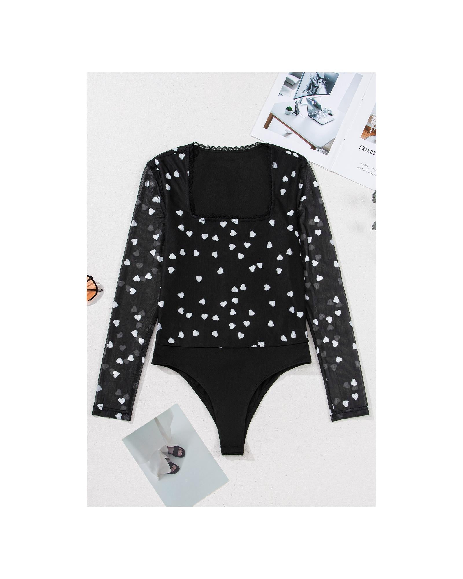 Black Heart Shape Mesh Patchwork Square Neck Bodysuit - XL 5
