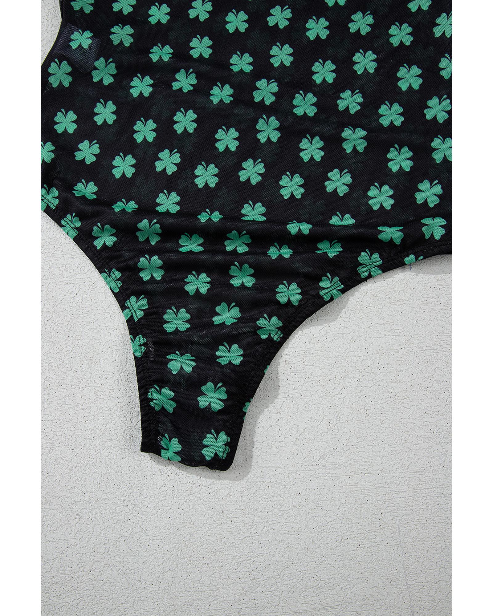 Green St Patrick Shamrock Printed Long Sleeve Mesh Bodysuit - S 6