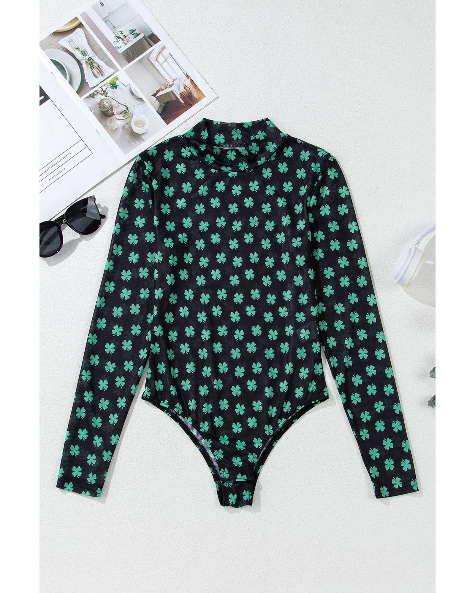 Green St Patrick Shamrock Printed Long Sleeve Mesh Bodysuit - XL 4