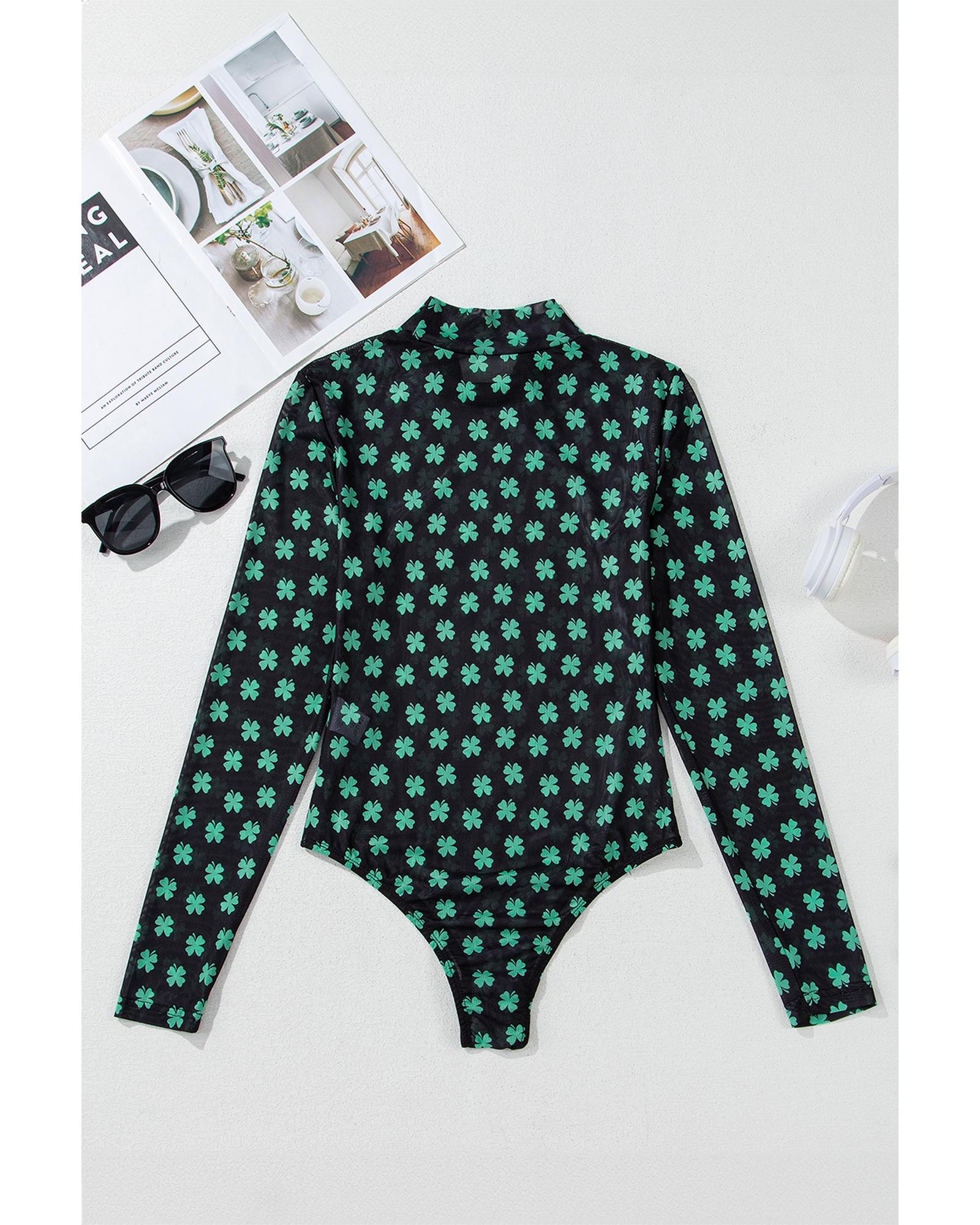 Green St Patrick Shamrock Printed Long Sleeve Mesh Bodysuit - XL 5