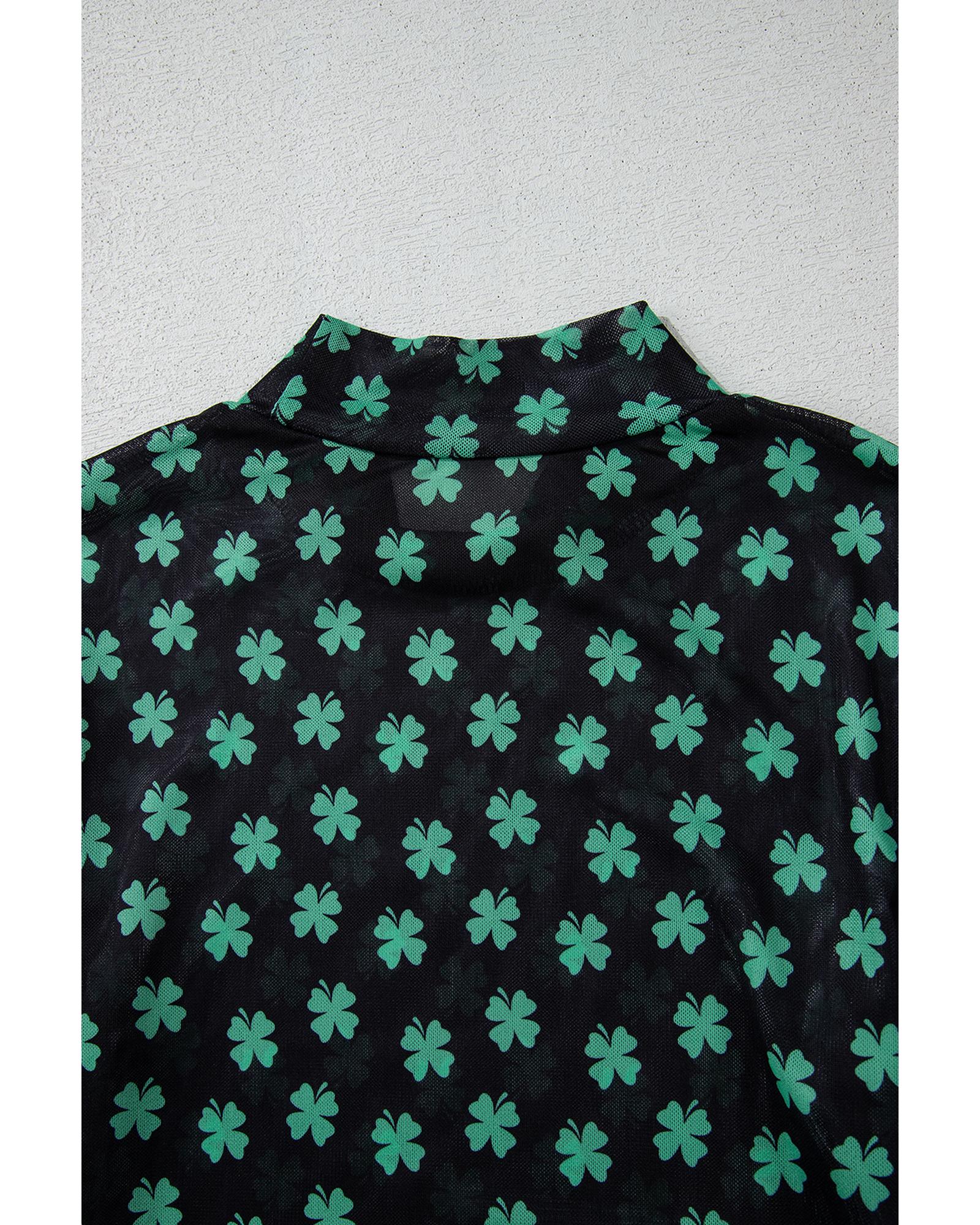 Green St Patrick Shamrock Printed Long Sleeve Mesh Bodysuit - XL 6