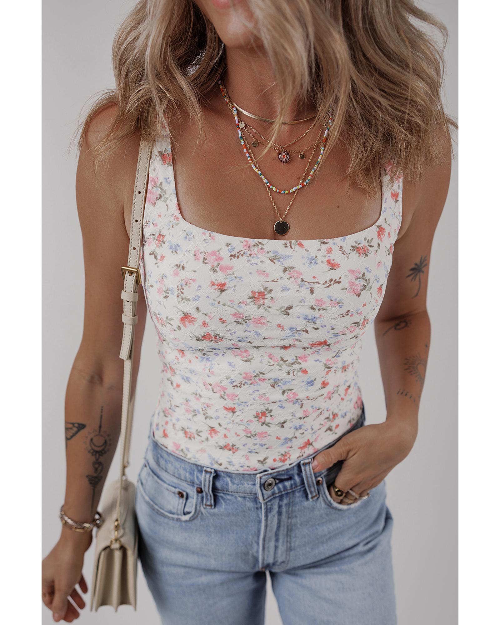 White Floral Textured Square Neck Sleeveless Bodysuit - L