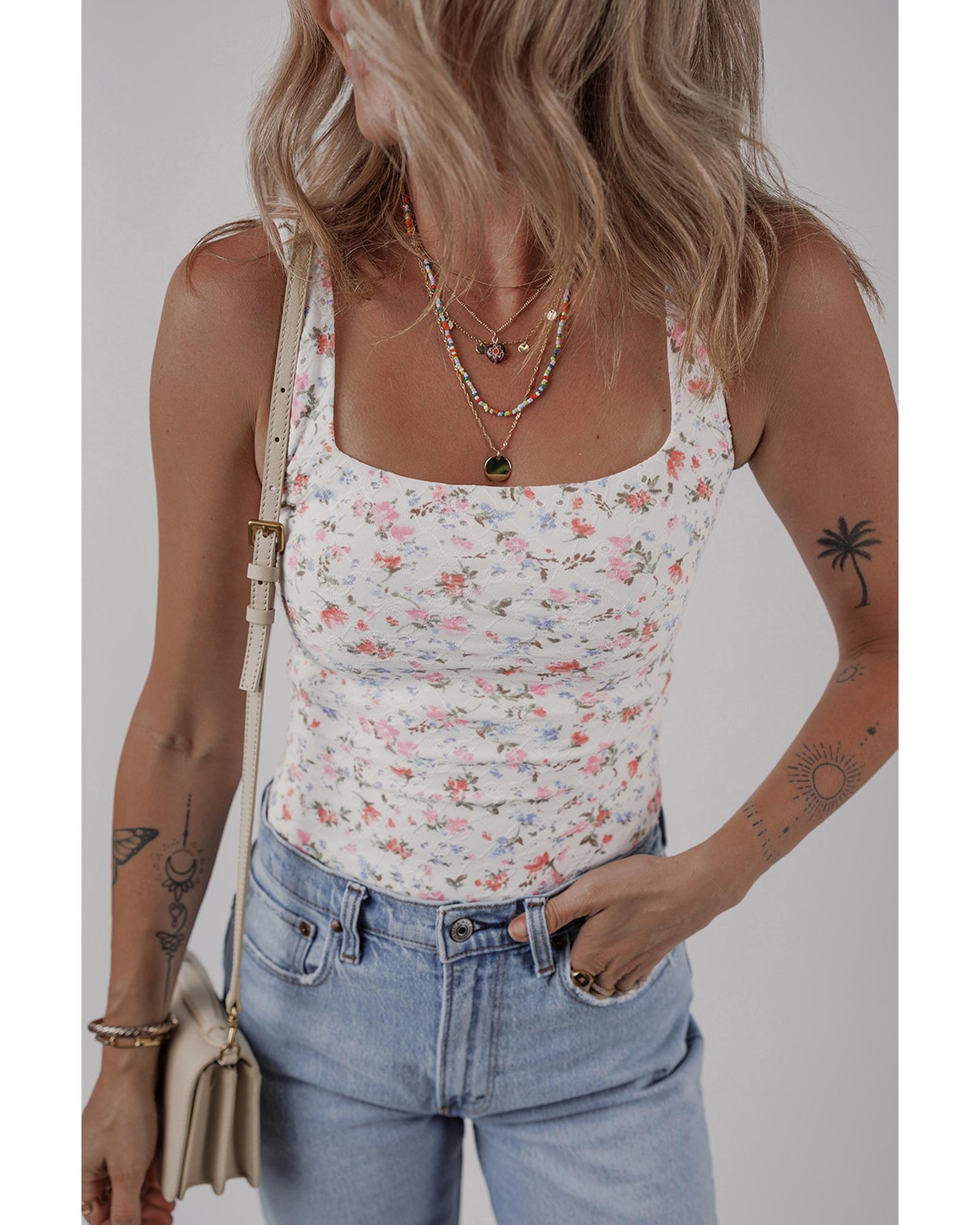 White Floral Textured Square Neck Sleeveless Bodysuit - L 3