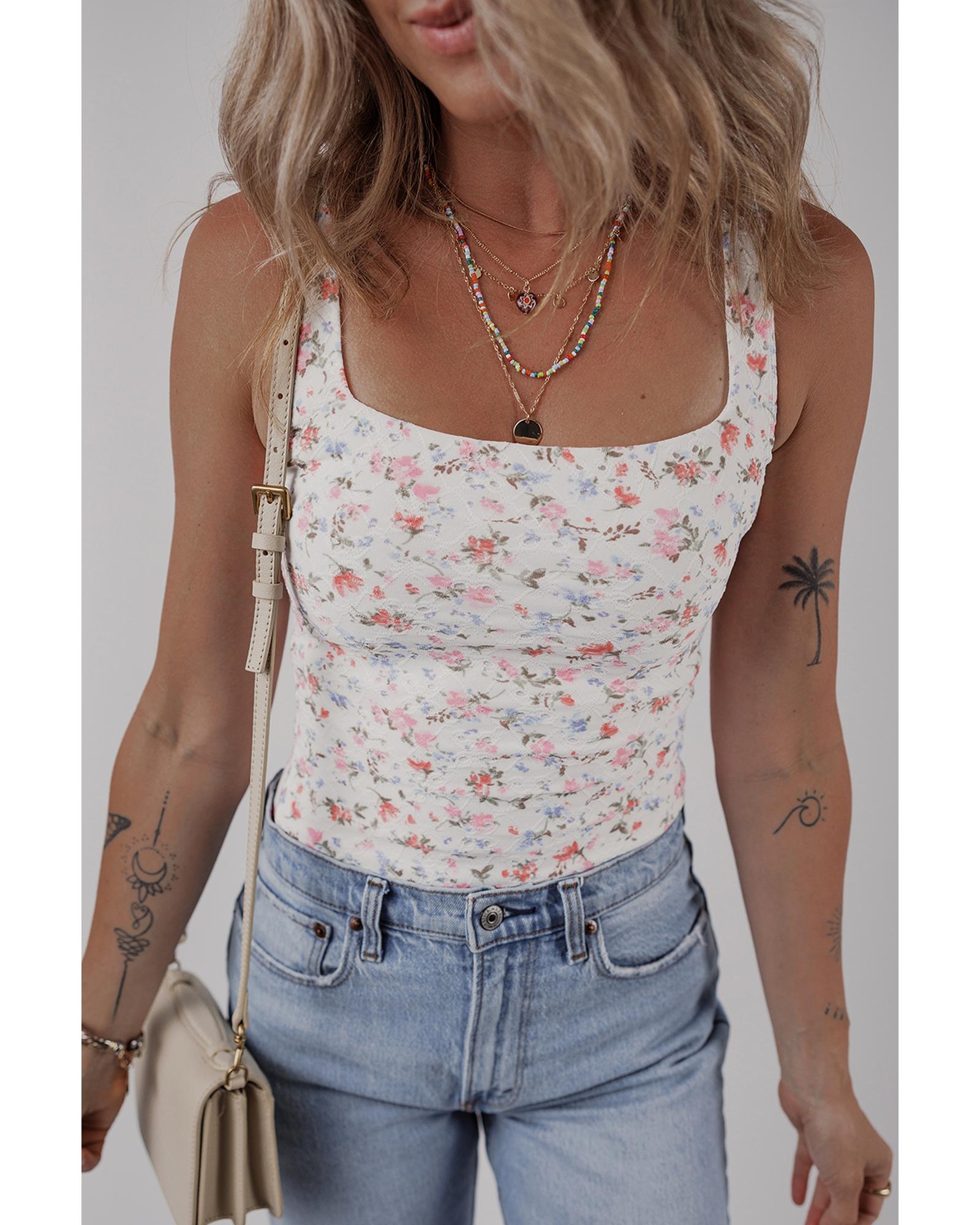 White Floral Textured Square Neck Sleeveless Bodysuit - L 4