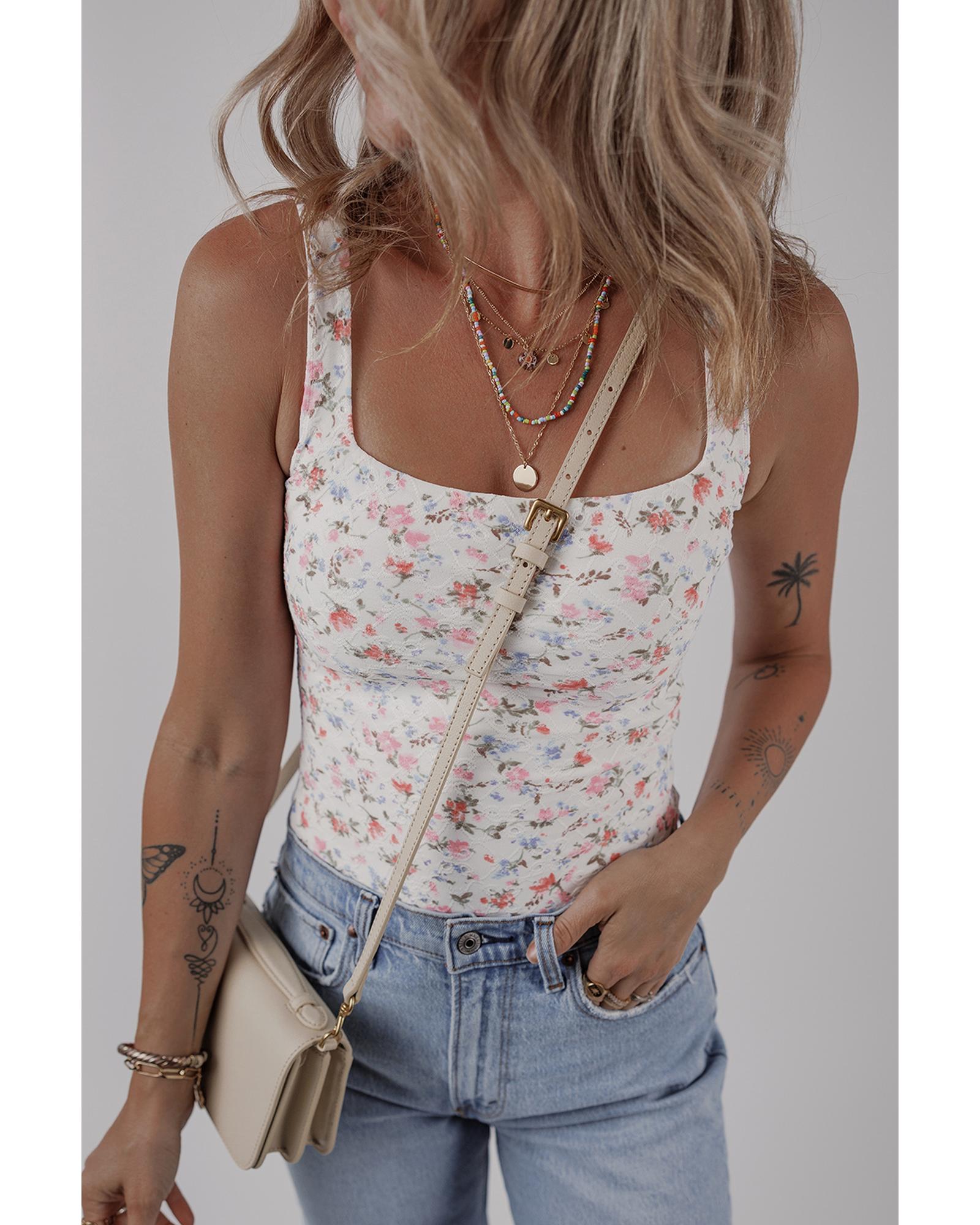 White Floral Textured Square Neck Sleeveless Bodysuit - L 5