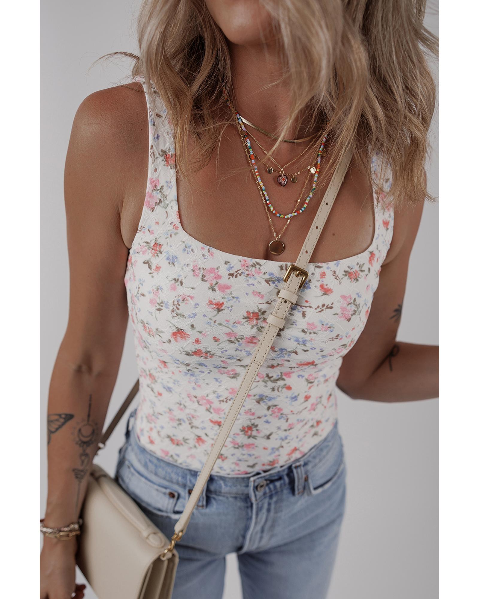 White Floral Textured Square Neck Sleeveless Bodysuit - L 6