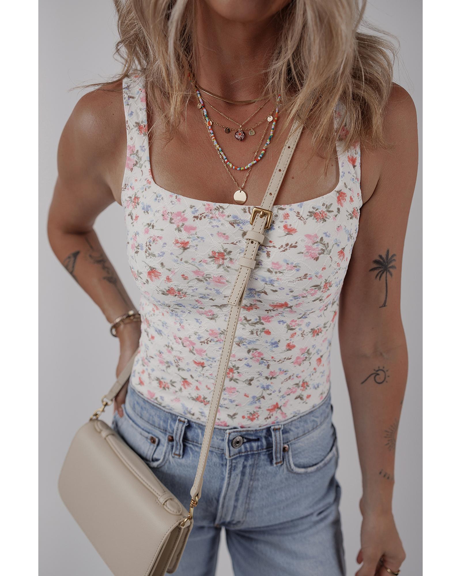 White Floral Textured Square Neck Sleeveless Bodysuit - L 7