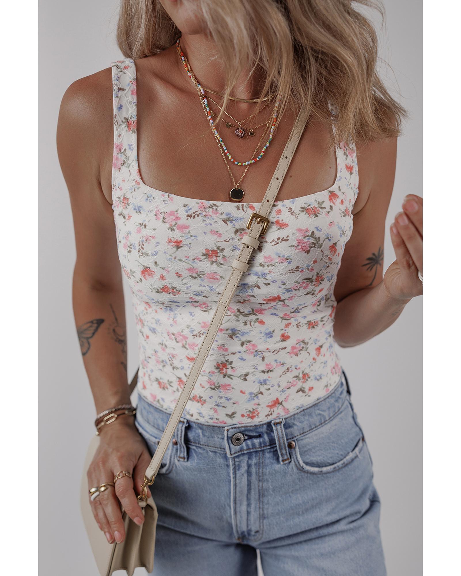 White Floral Textured Square Neck Sleeveless Bodysuit - L 8