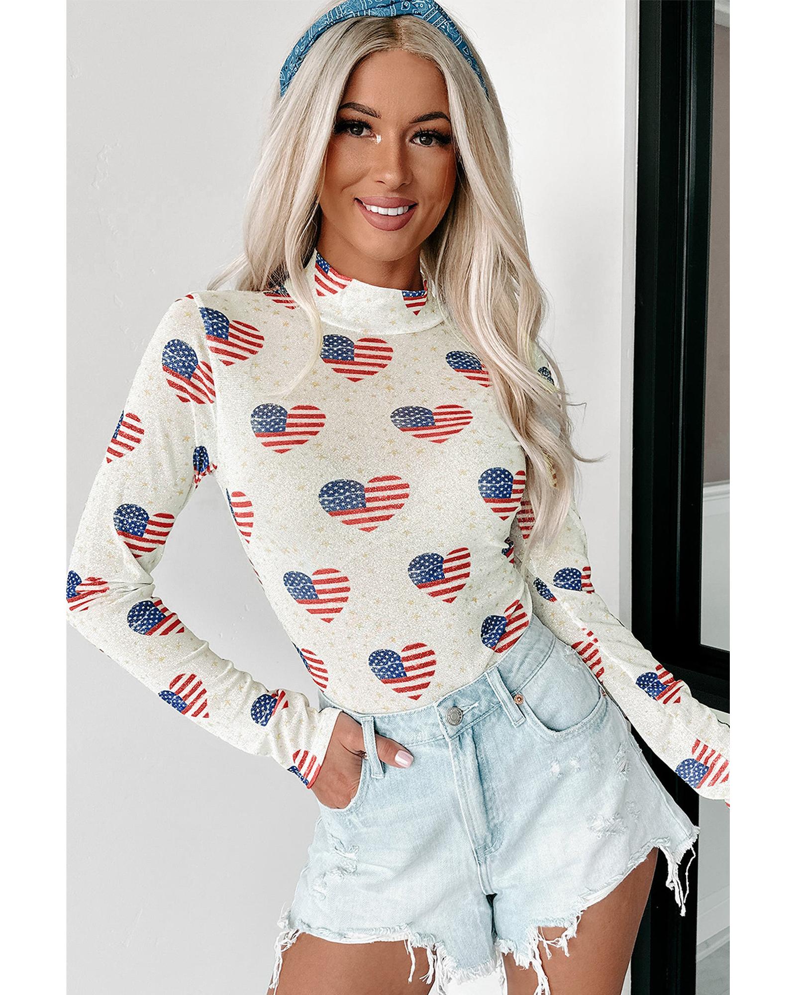 White Americana Glitter Mesh Long Sleeve Bodysuit - M