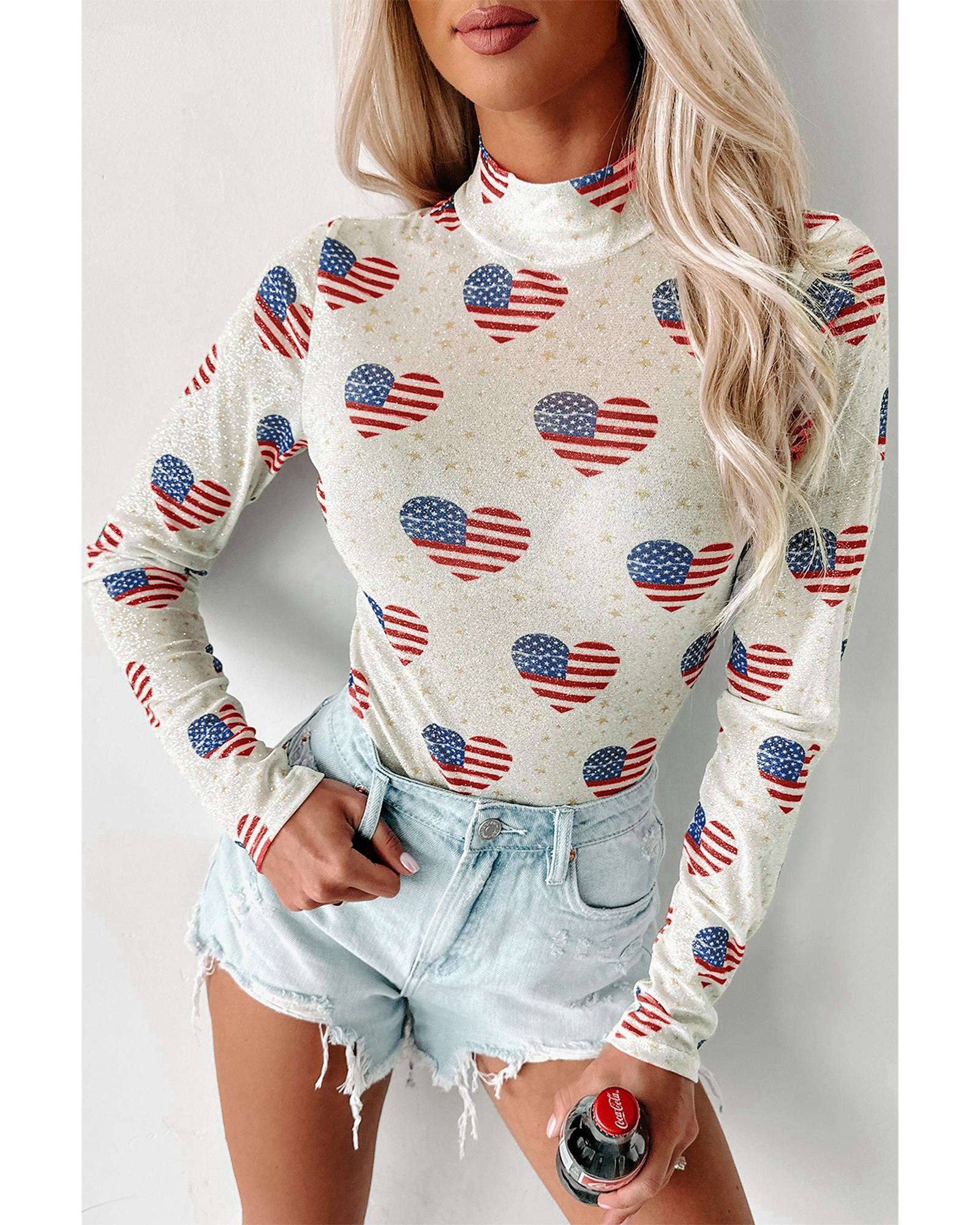 White Americana Glitter Mesh Long Sleeve Bodysuit - S