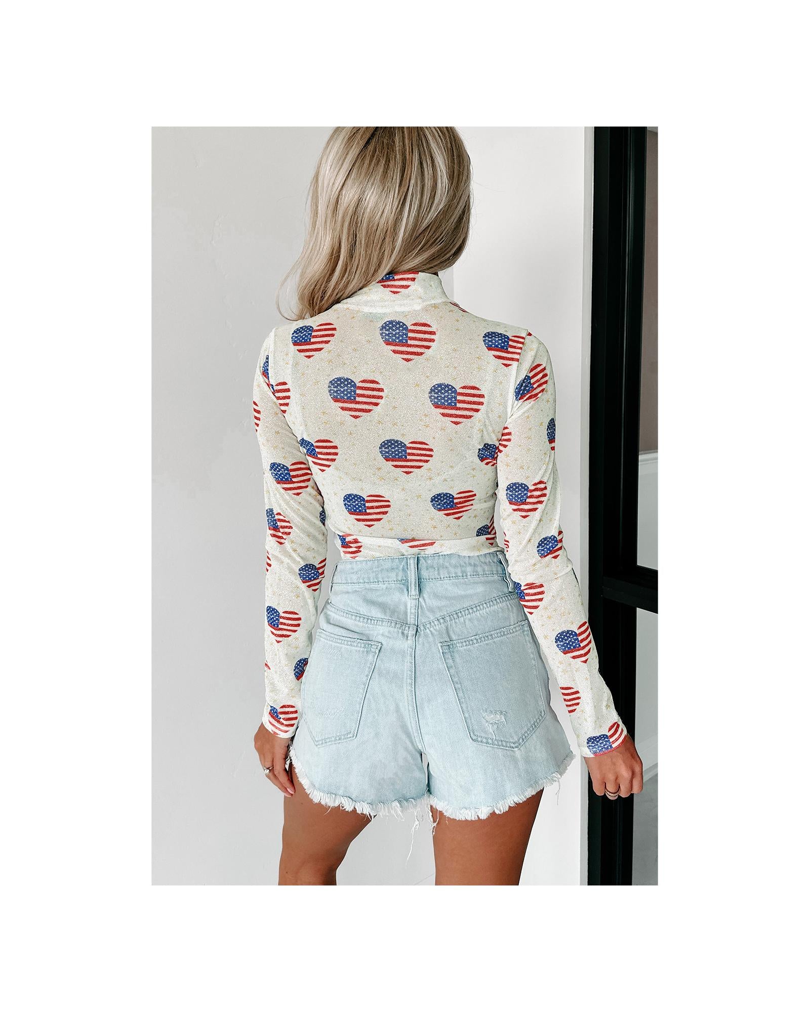 White Americana Glitter Mesh Long Sleeve Bodysuit - XL 4