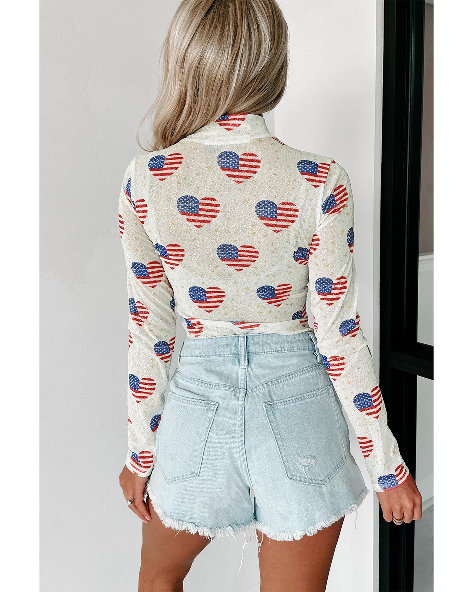 White Americana Glitter Mesh Long Sleeve Bodysuit - XL 8