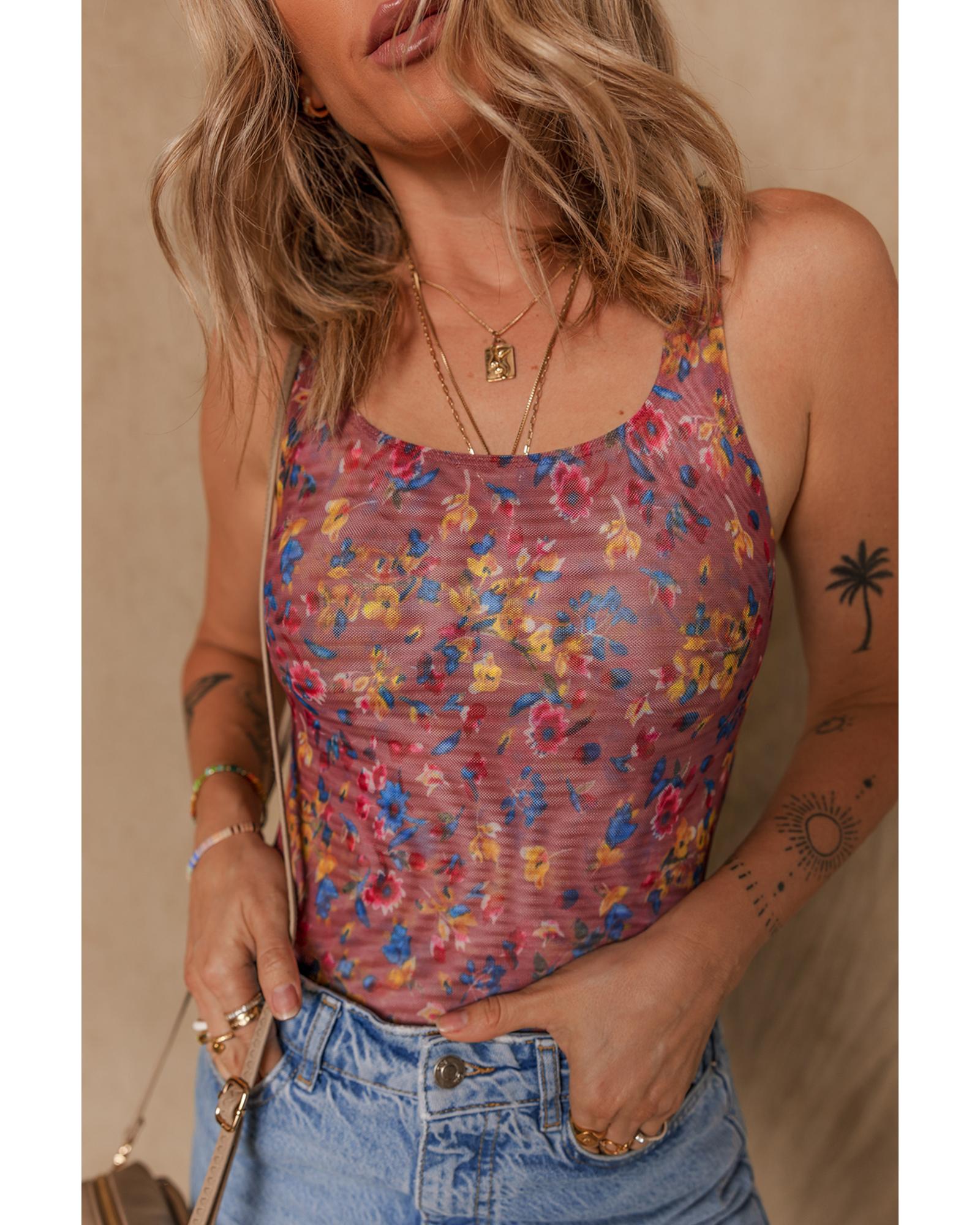 Purple Floral Printed Mesh U Neck Sleeveless Bodysuit - L