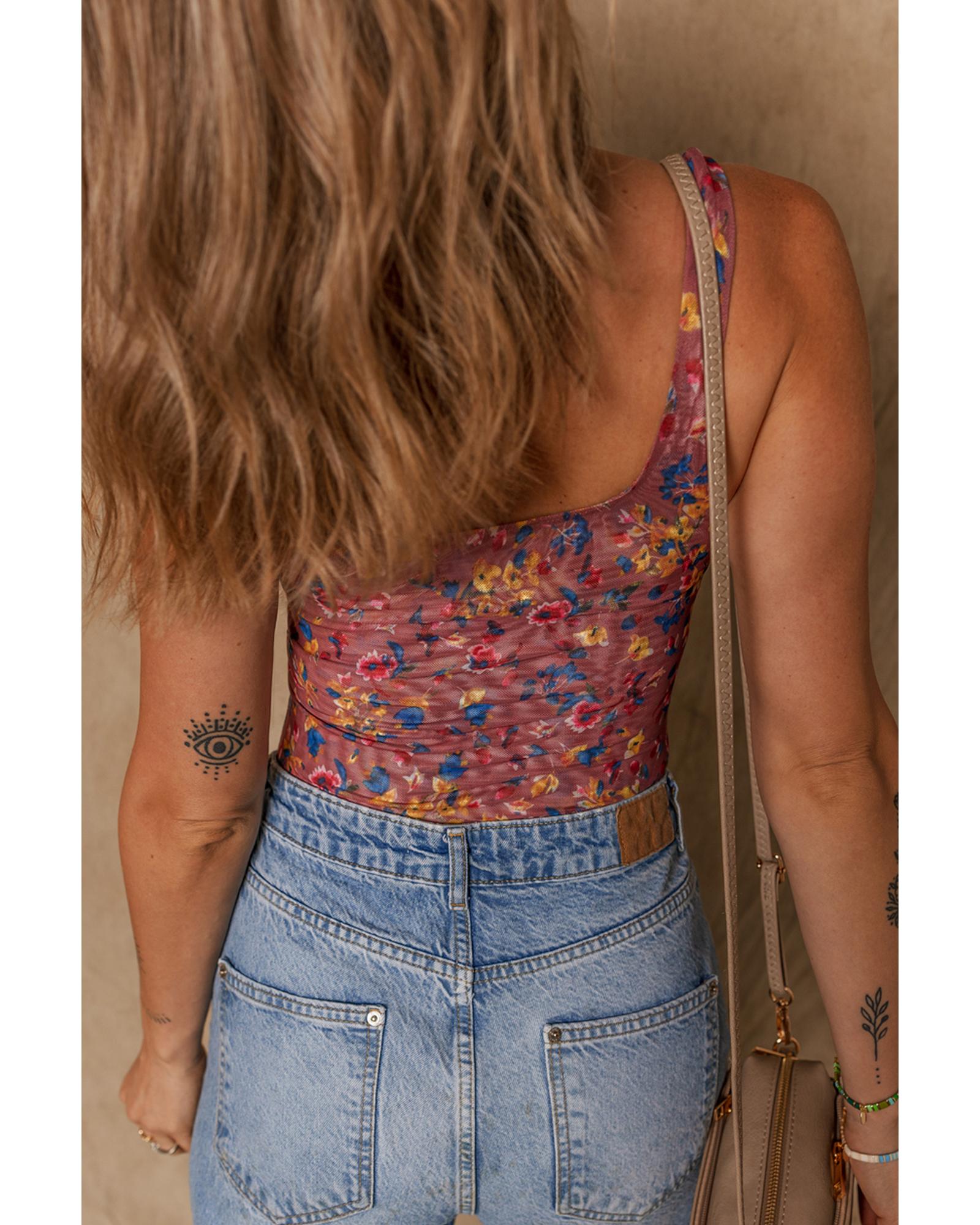 Purple Floral Printed Mesh U Neck Sleeveless Bodysuit - M