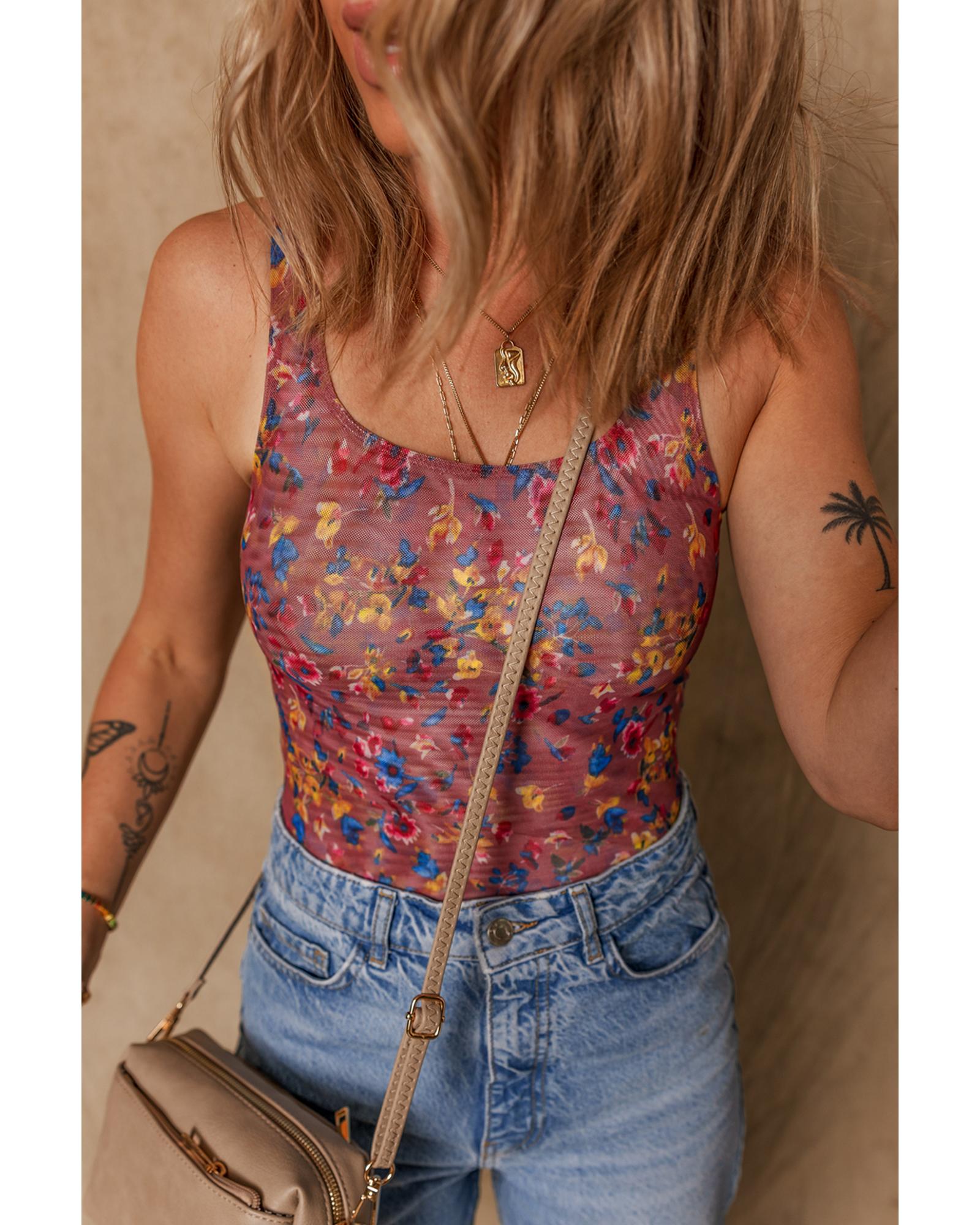 Purple Floral Printed Mesh U Neck Sleeveless Bodysuit - M 5