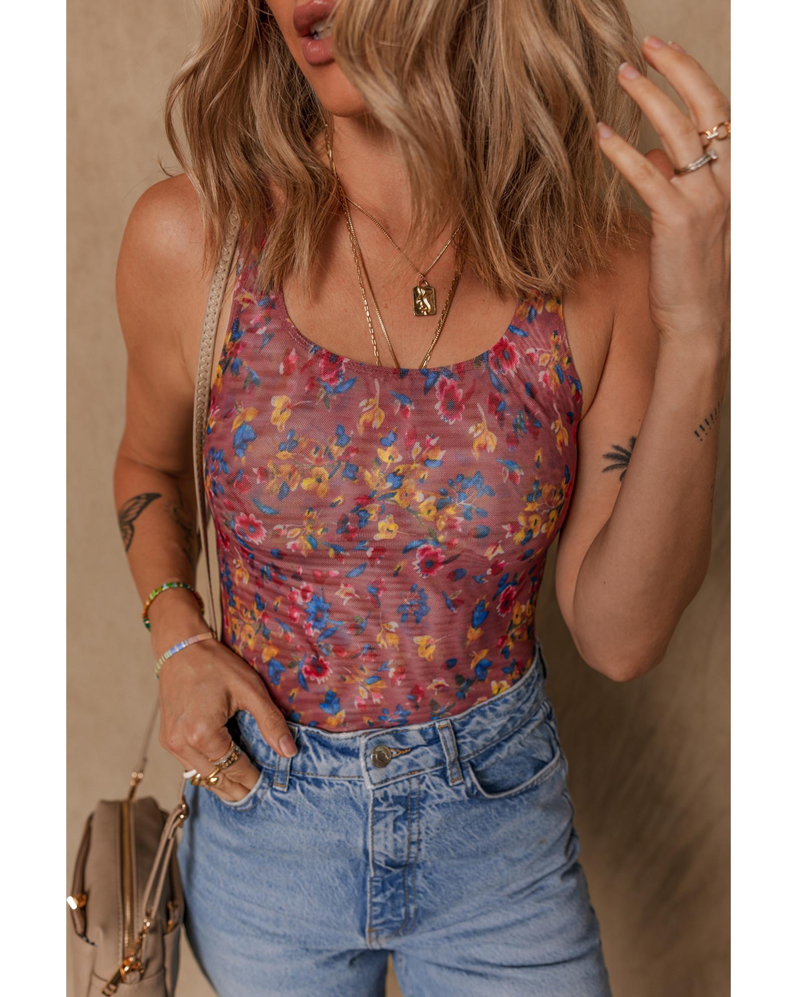Purple Floral Printed Mesh U Neck Sleeveless Bodysuit - M 6