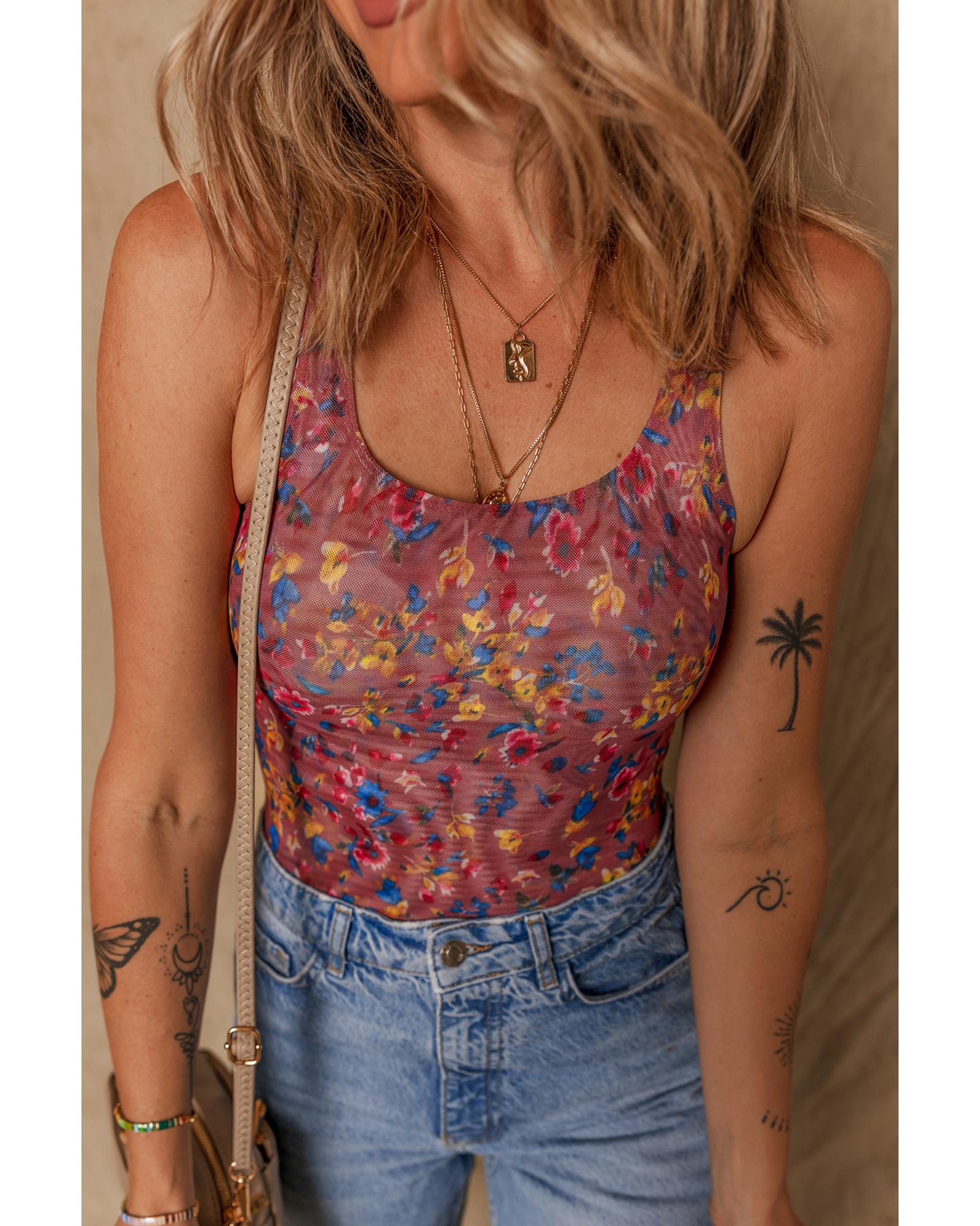 Purple Floral Printed Mesh U Neck Sleeveless Bodysuit - XL 4