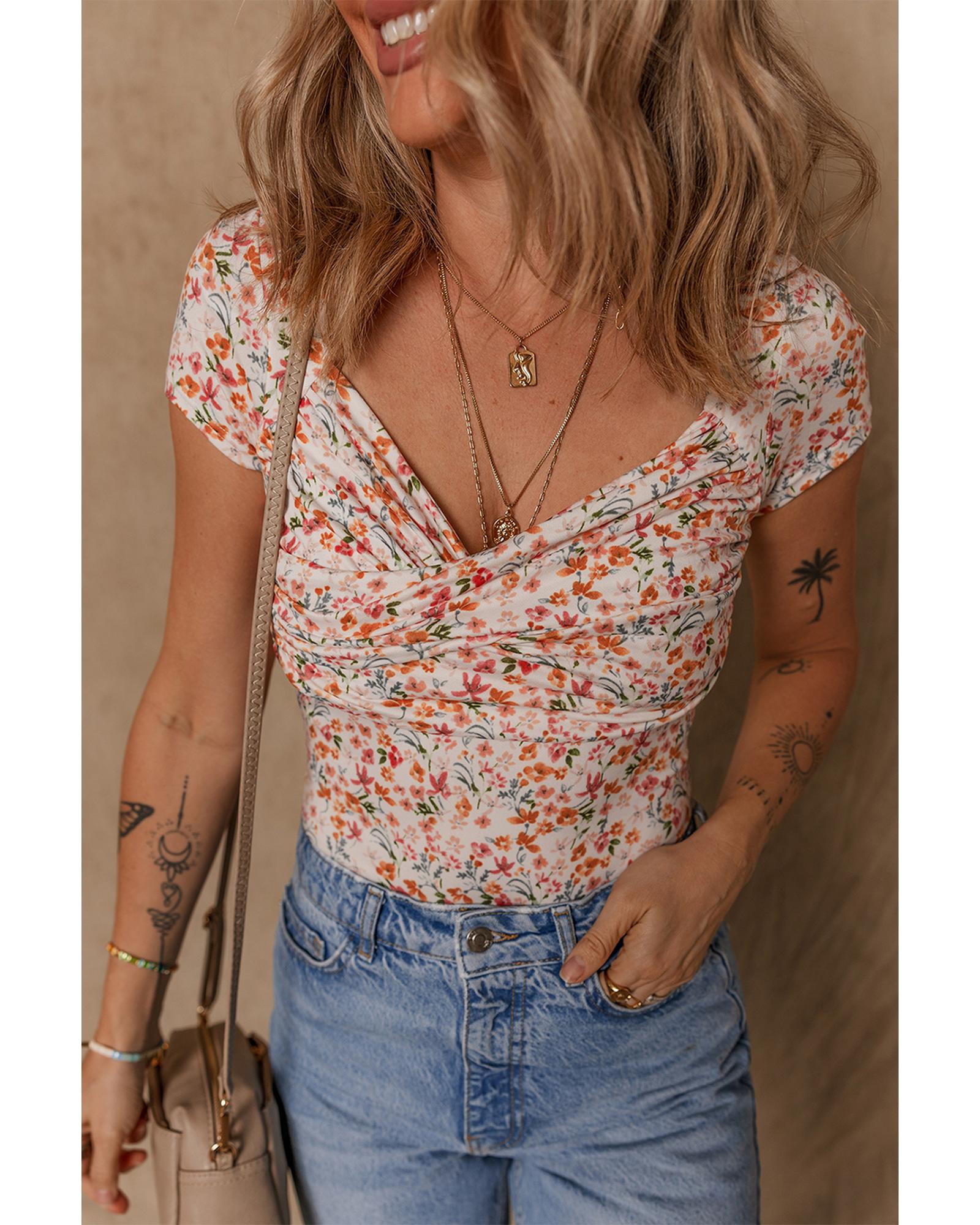 Orange Short Sleeve Floral Ruched Sweetheart Bodysuit - M
