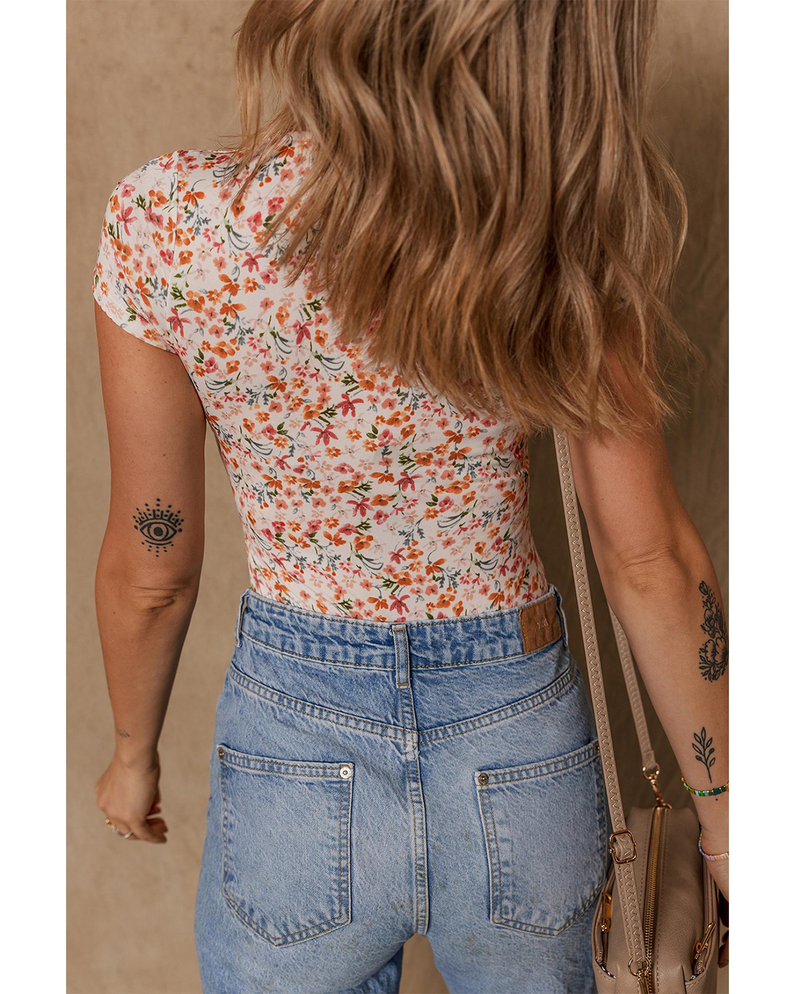 Orange Short Sleeve Floral Ruched Sweetheart Bodysuit - M