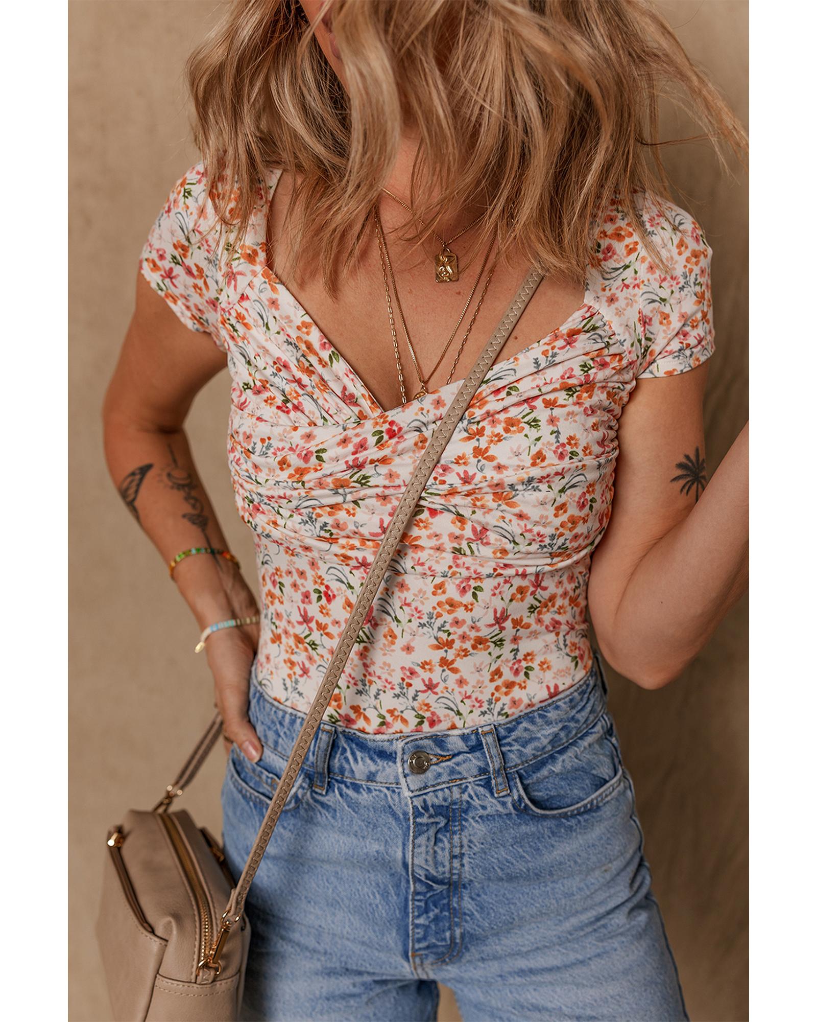 Orange Short Sleeve Floral Ruched Sweetheart Bodysuit - S 4
