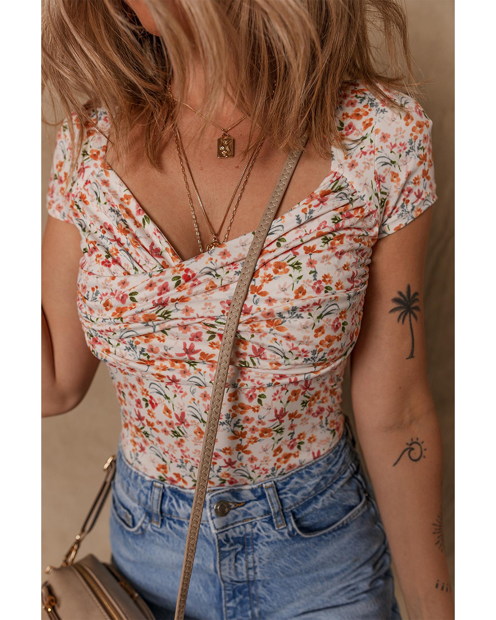 Orange Short Sleeve Floral Ruched Sweetheart Bodysuit - S 5