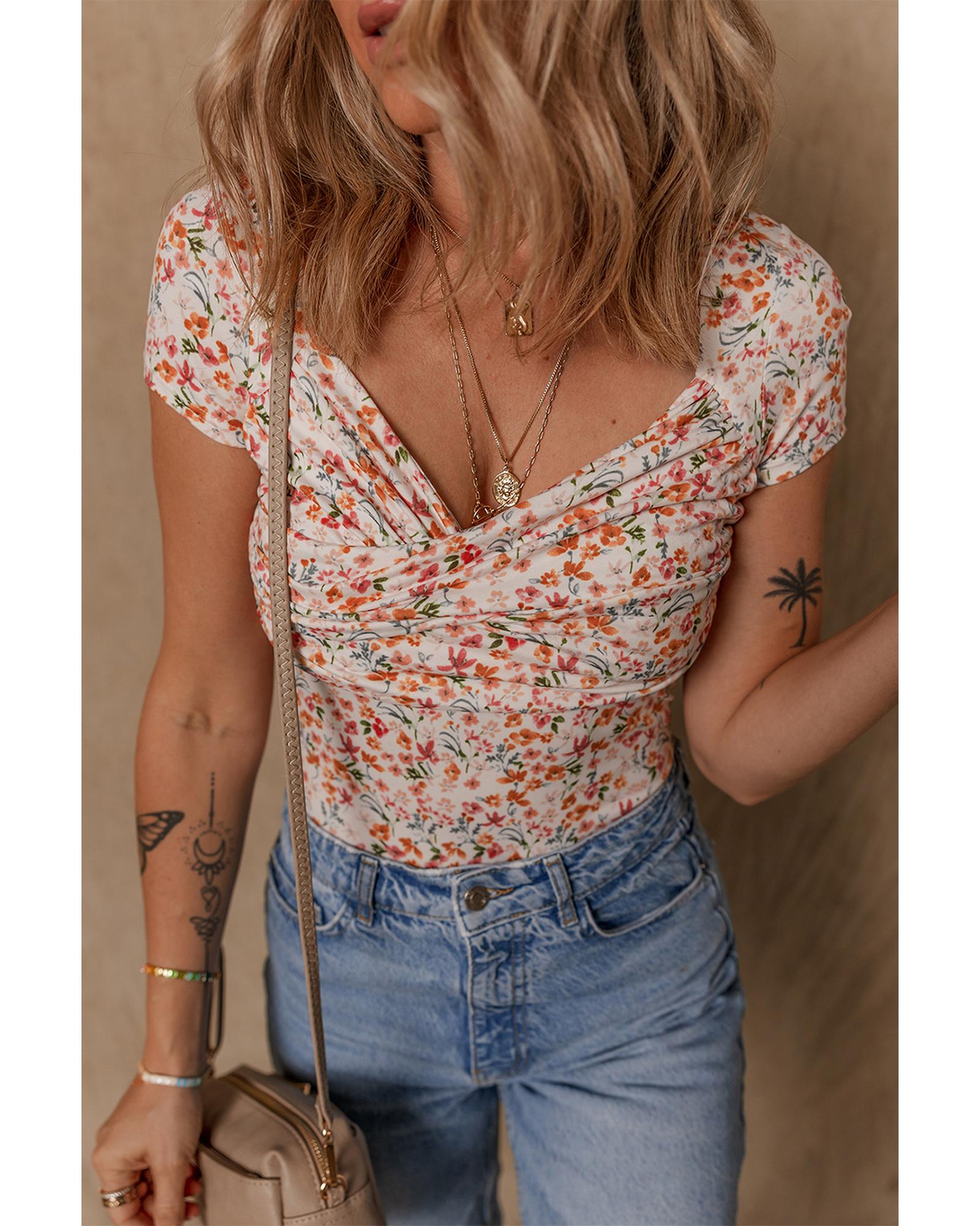 Orange Short Sleeve Floral Ruched Sweetheart Bodysuit - S 7