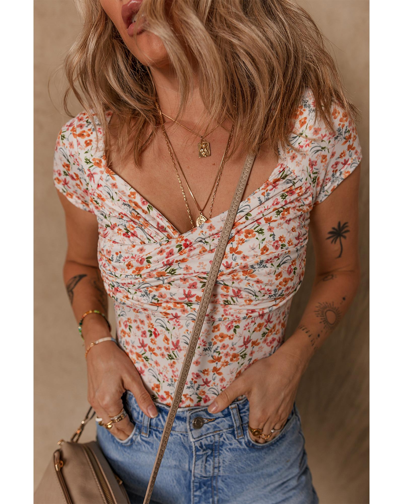 Orange Short Sleeve Floral Ruched Sweetheart Bodysuit - XL 6