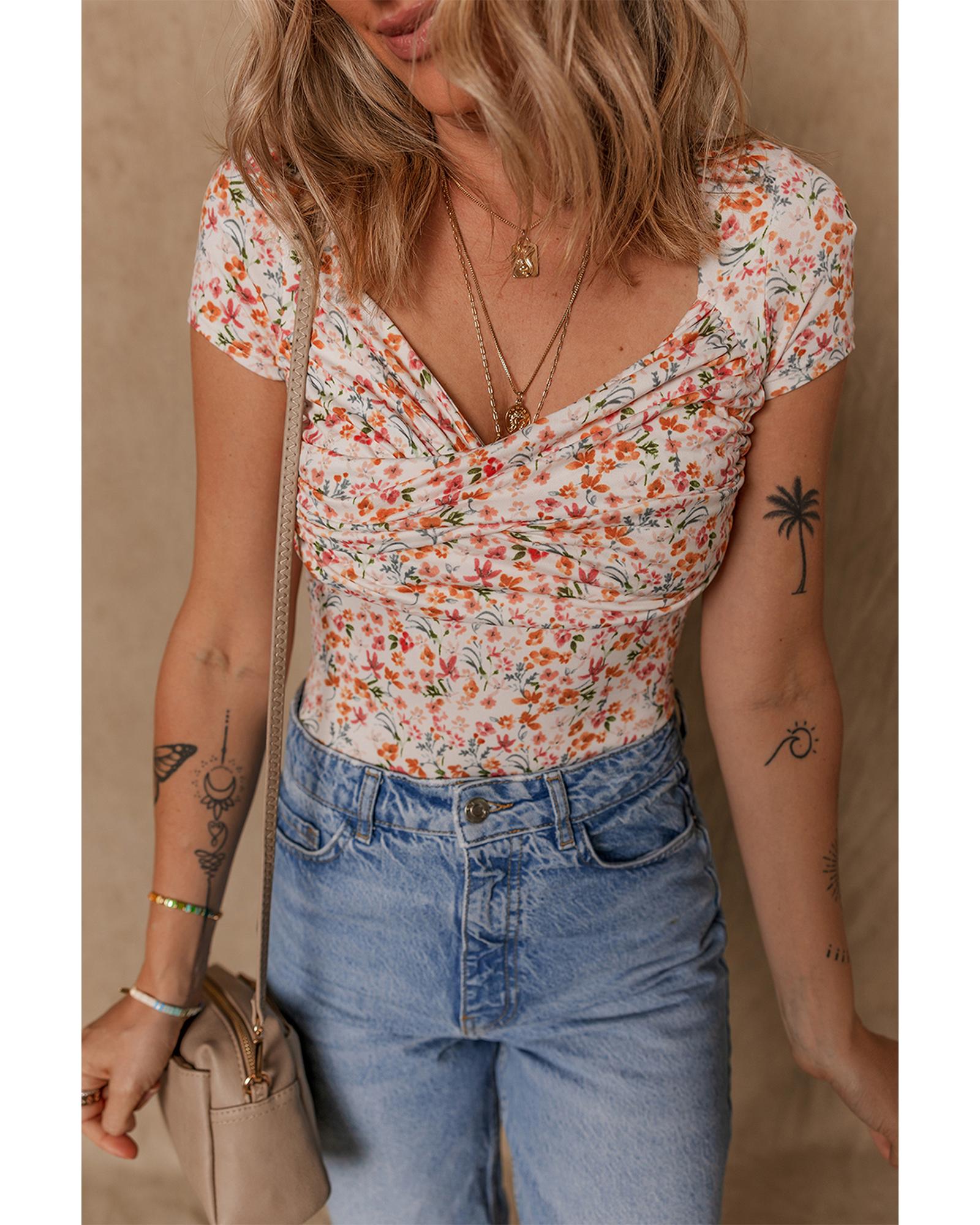 Orange Short Sleeve Floral Ruched Sweetheart Bodysuit - XL 8