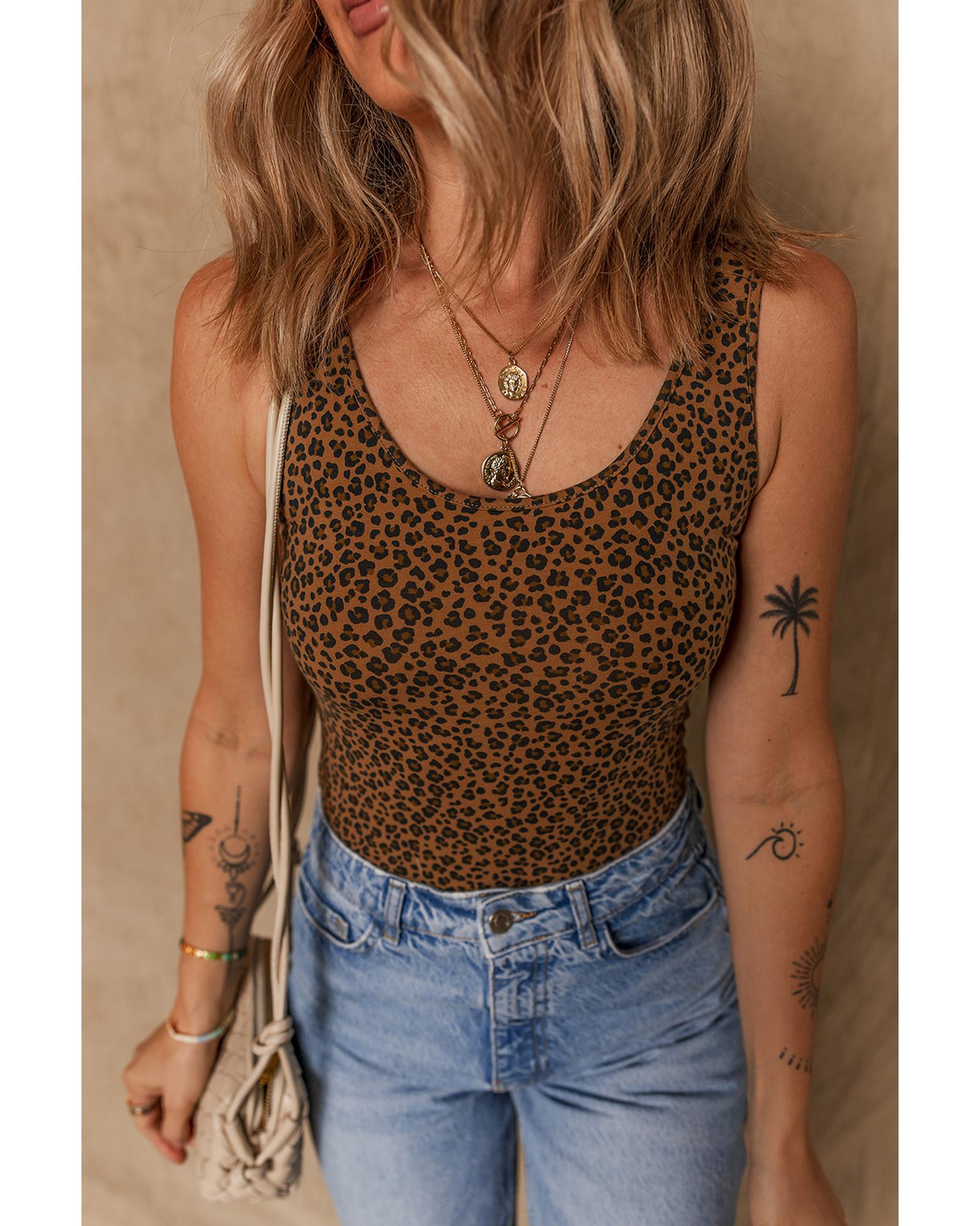Brown Leopard Printed Sleeveless Scoop Neck Bodysuit - L 6
