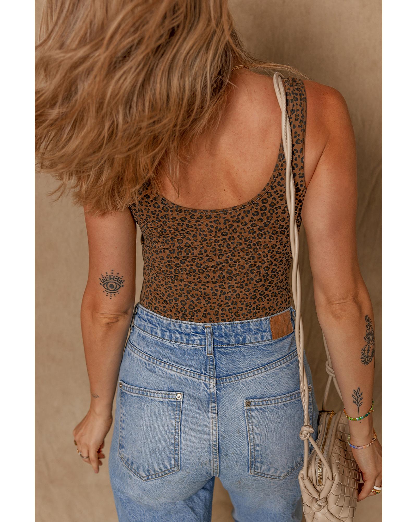 Brown Leopard Printed Sleeveless Scoop Neck Bodysuit - XL