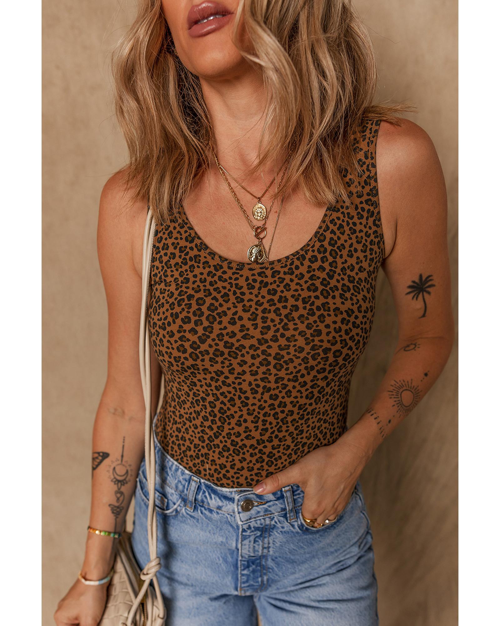 Brown Leopard Printed Sleeveless Scoop Neck Bodysuit - XL 4
